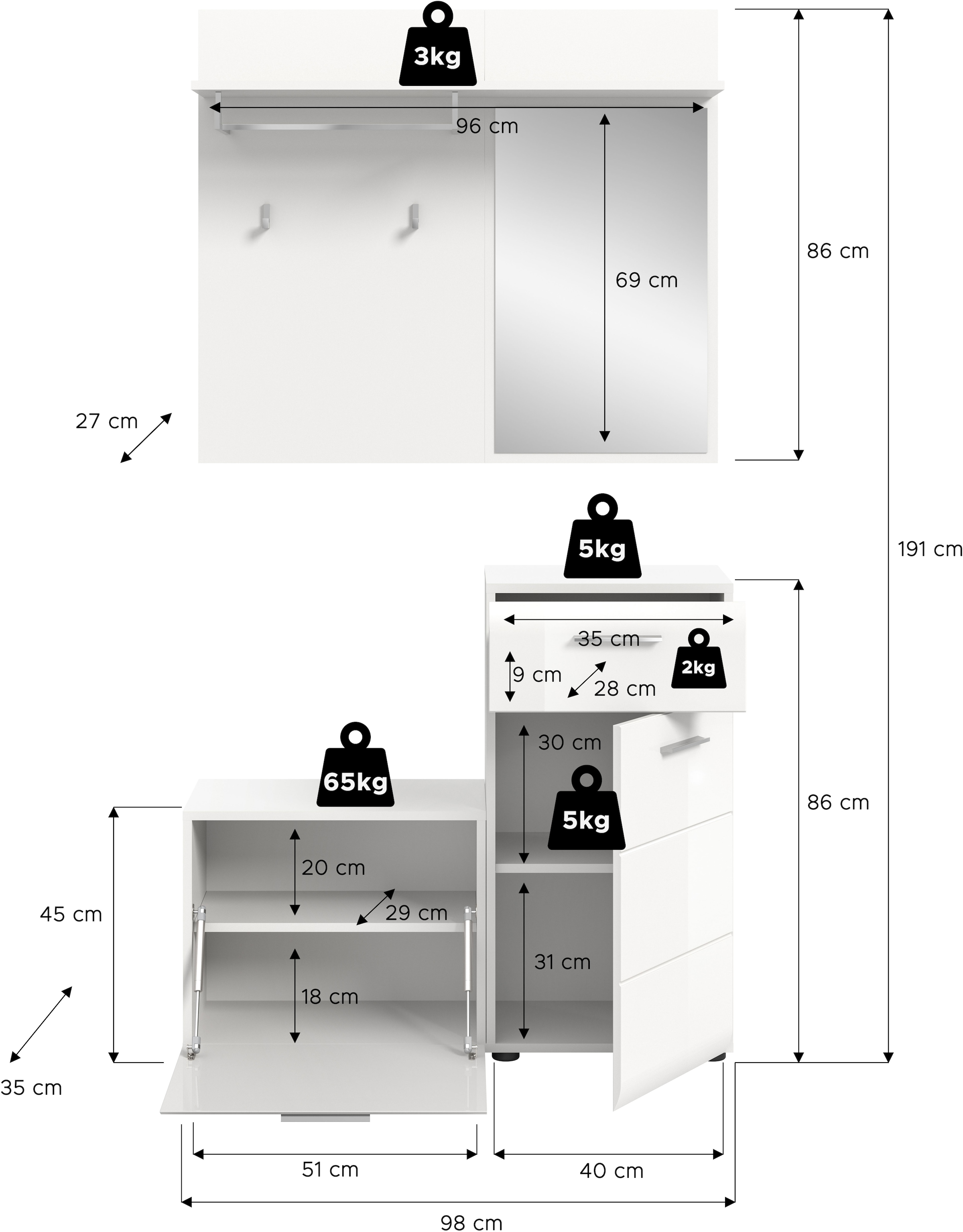 INOSIGN Garderoben-Set »FLORENZ, 3tlg., best. aus: Garderobenspiegelpaneel, Sitzbank & Kommode«, Kombination, Kompaktgarderobe, Garderobenkombination, Garderobe