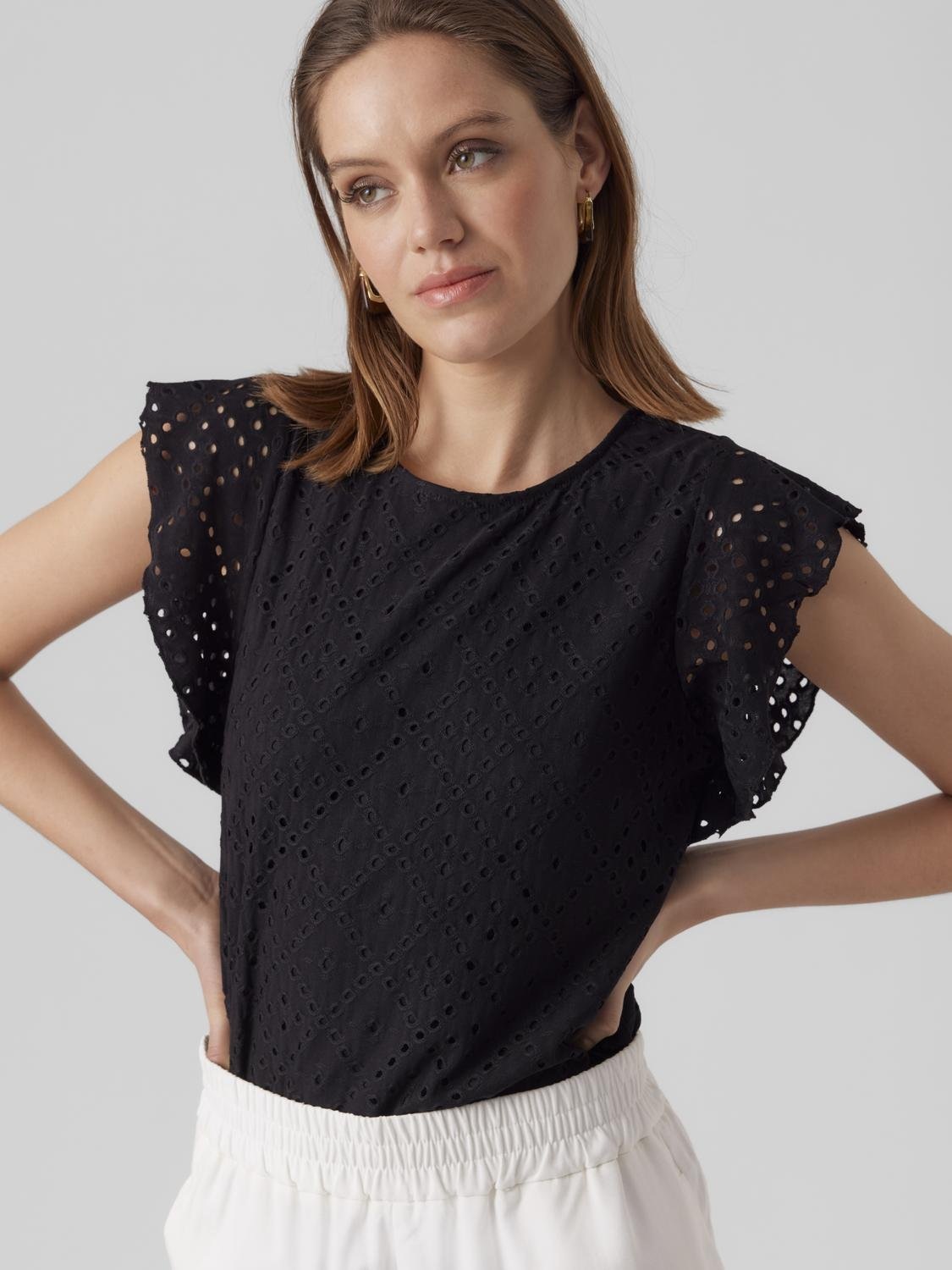 Vero Moda Rundhalsshirt "VMTASSA SL FRILL TOP NOOS" Materialmix, loose fit günstig online kaufen