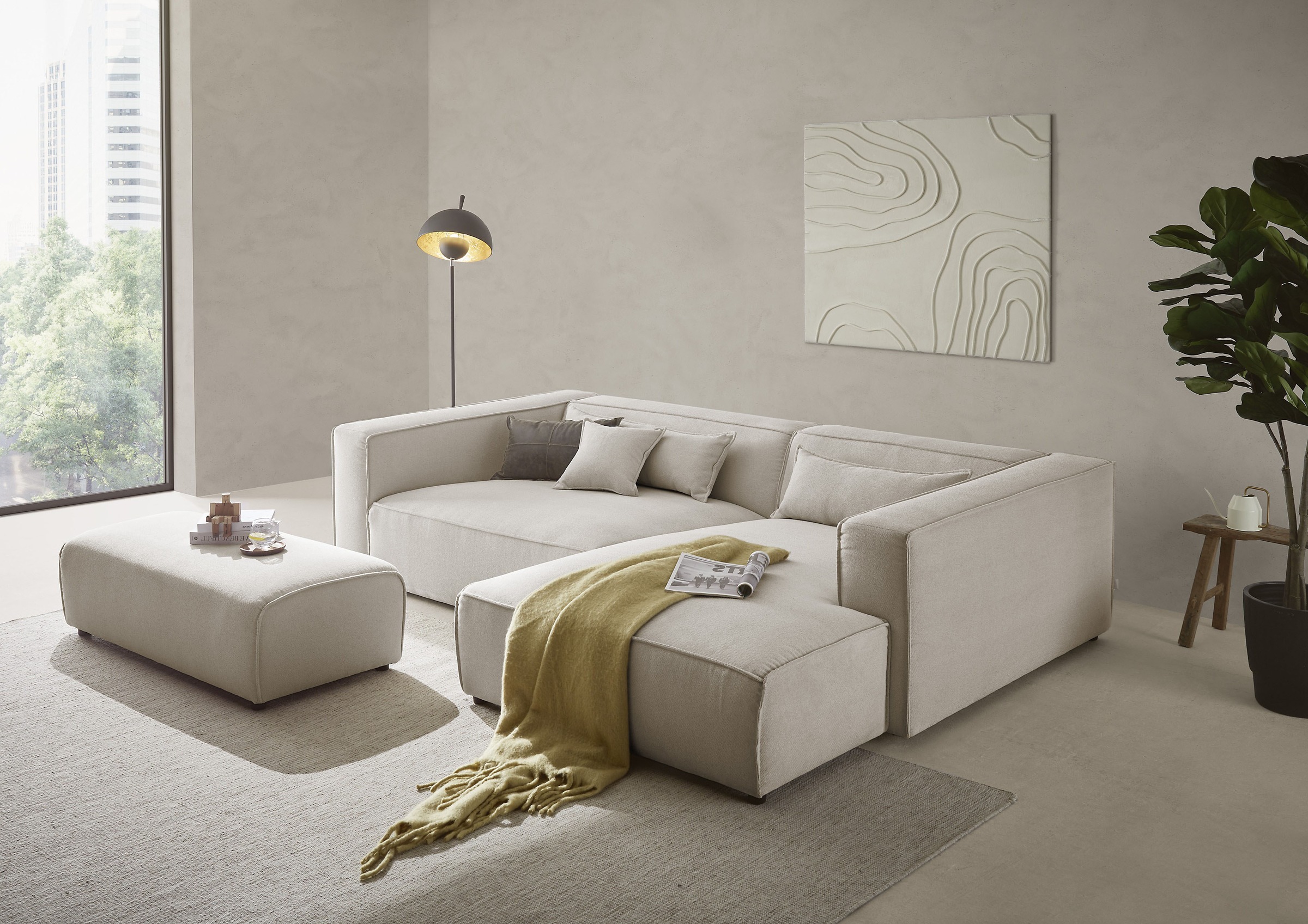 LeGer Home by Lena Gercke Ecksofa "PIARA XXL Struktur u. Leinenoptik, L-Form, Schlaffunktion" Hocker stellbar zum Schlafsofa (Krokodilverbinder), tiefe Sitzfläche