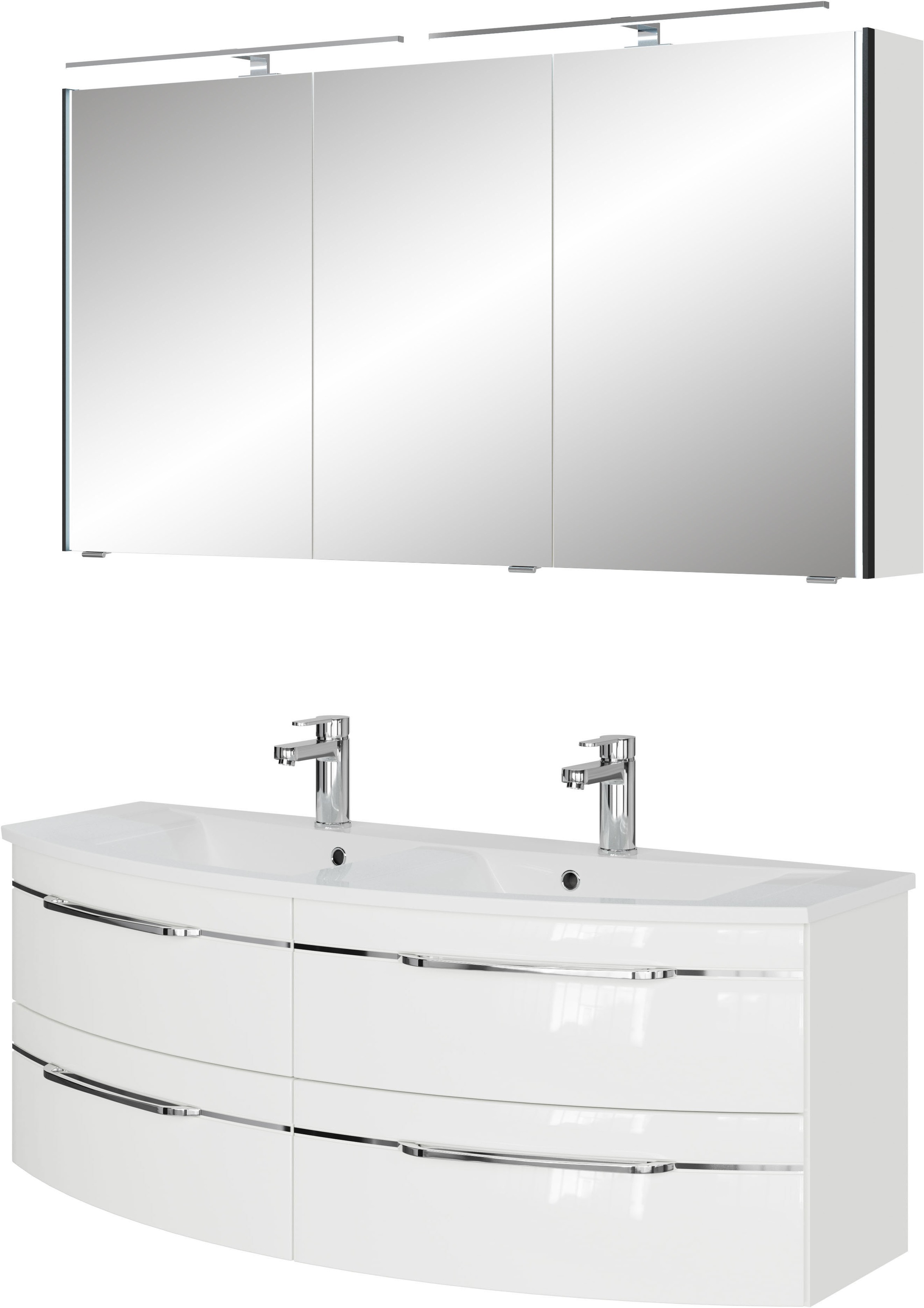 Saphir Badmöbel-Set »Badezimmer-Set 133,2 cm breit, inkl. Türdämpfer, 3 Türen, 4 Schubladen«, (Set, 2 St.), Serie 7045 2-teilig Mineralmarmor-Doppelwaschtisch, LED-Spiegelschrank