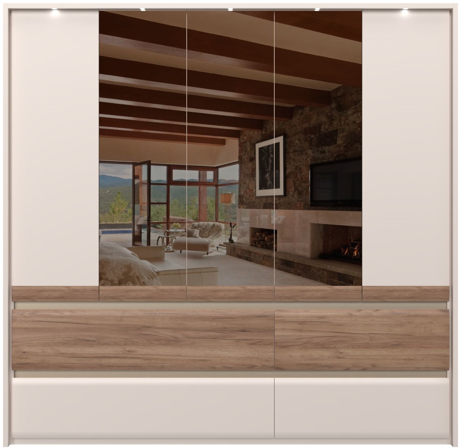 Places of Style Kleiderschrank »Invictus, UV lackiert, FSC-zertifiziert, grifflose Optik«, (abgerundete Schubladen aus MDF im Holzdekor, soft-close), mit Beleuchtung und Spiegel, in 4 Breiten, hoher Schrank (226cm)