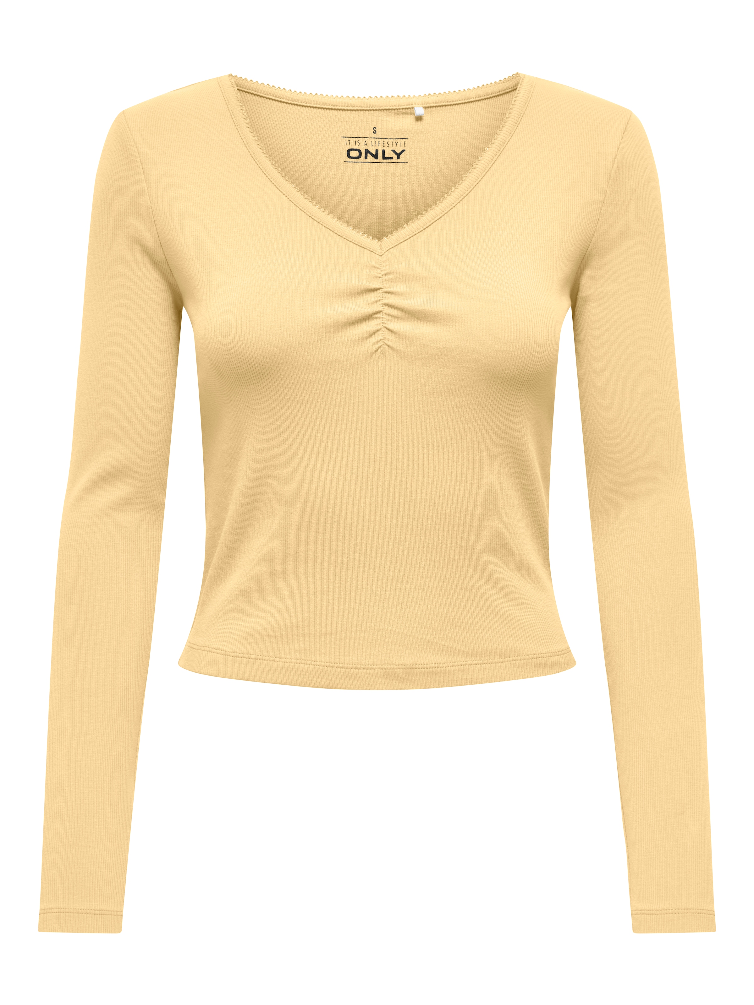ONLY Langarmshirt »ONLBETTY LIFE L/S SCALLOP V-NECK CC JRS« mit Raffung am Ausschnitt