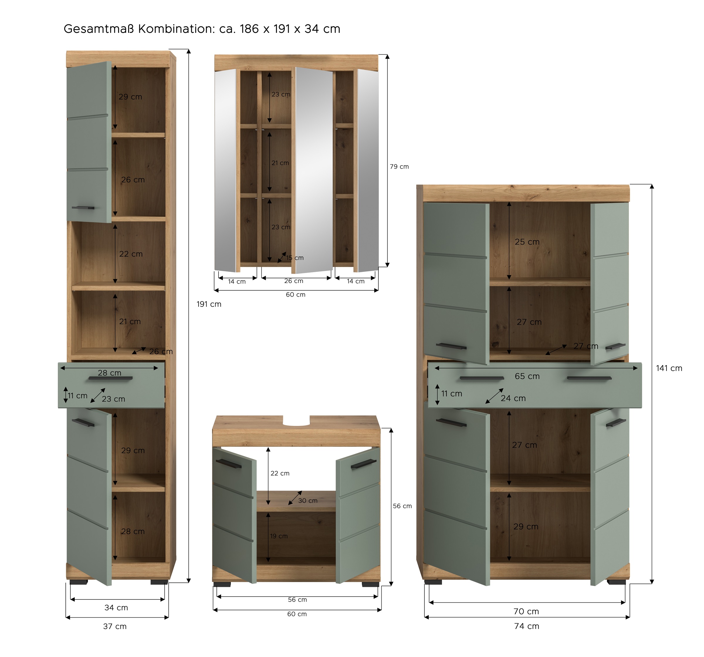 INOSIGN Badmöbel-Set »Siena, 4 teilig, bestehend aus:«, (Set), Hochschrank, Waschbeckenunterschrank, Spiegelschrank, Midischrank