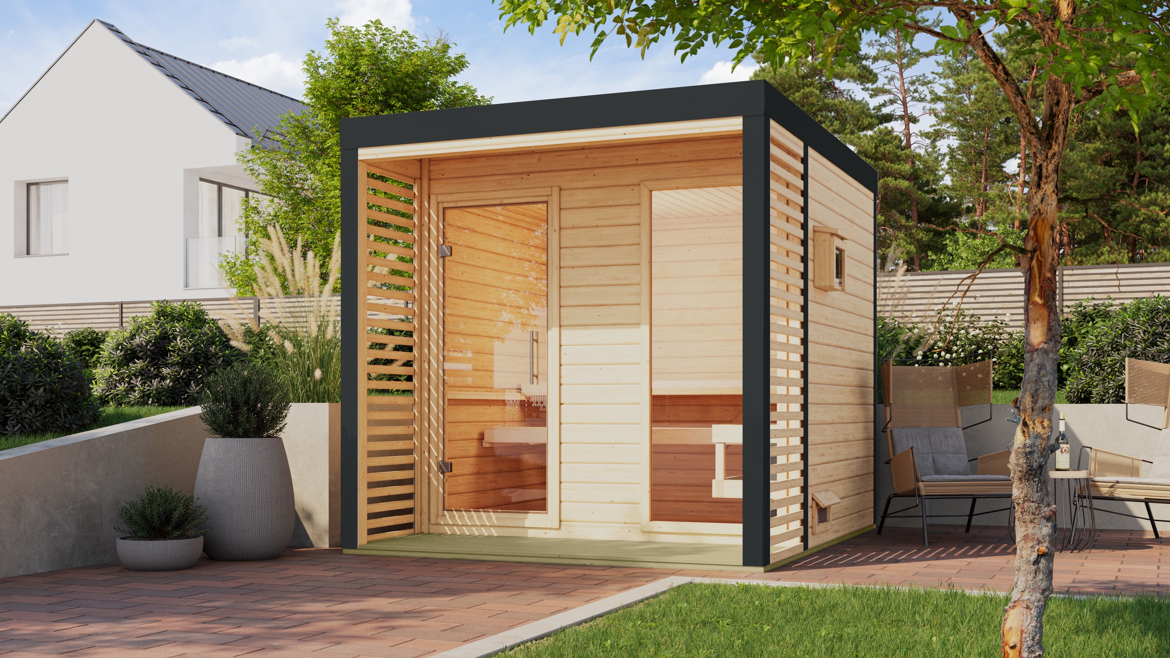 KARIBU Saunahaus "Anja 2", Bio-Ofen, externe Steuerung, 9 kW, braun, Garten, Saunen, Ofen 9 KW externe Strg easy