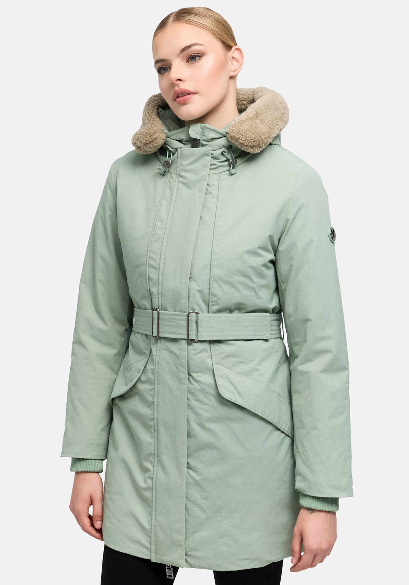Marikoo "Calistaa" mit Kapuze Warmer Damen Wintermantel mit Taillengürtel und hohem Kragen