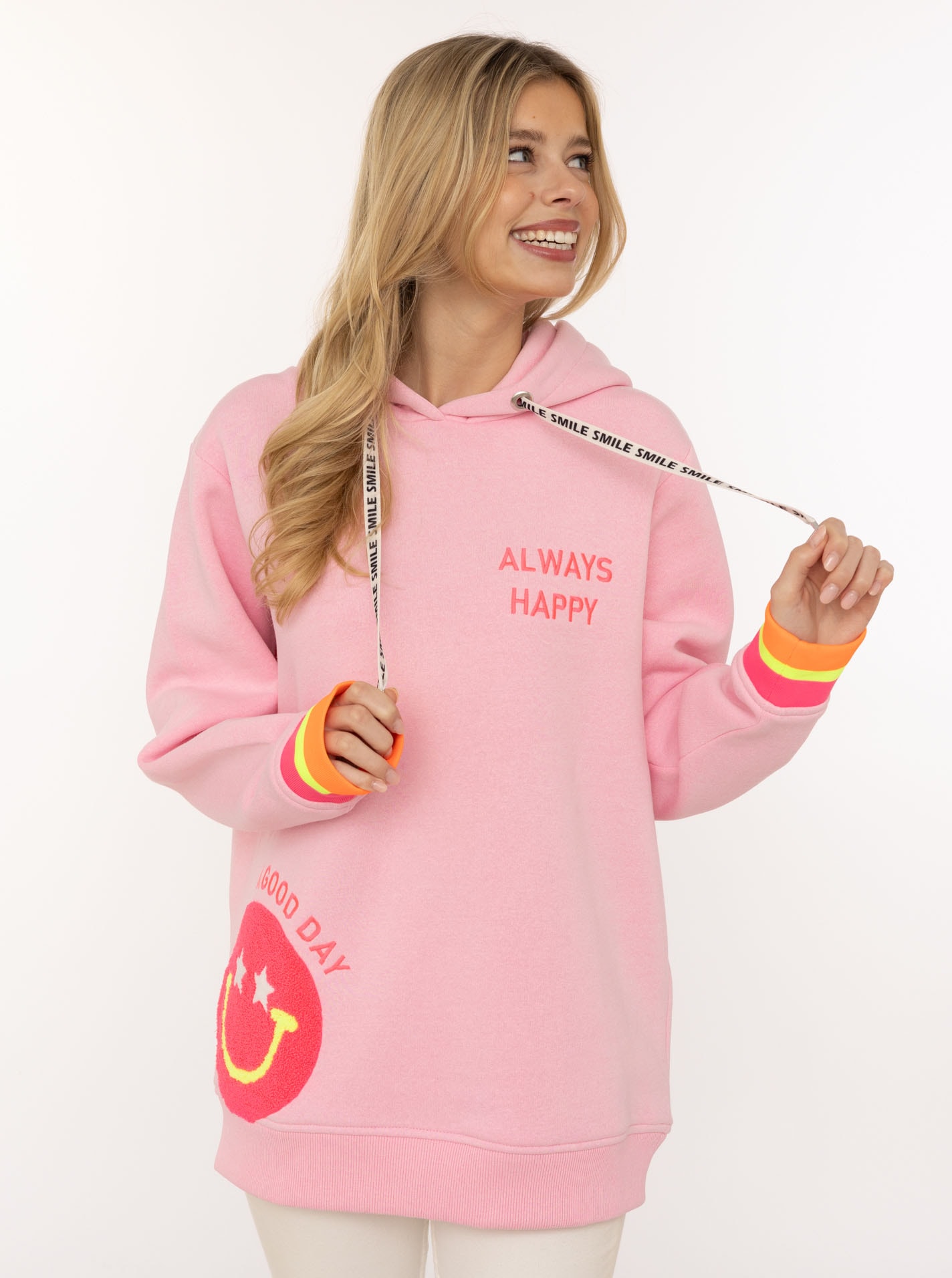 Zwillingsherz Hoodie "Always Happy", Smiley aus Frottee, Neon-Details, Kapu günstig online kaufen