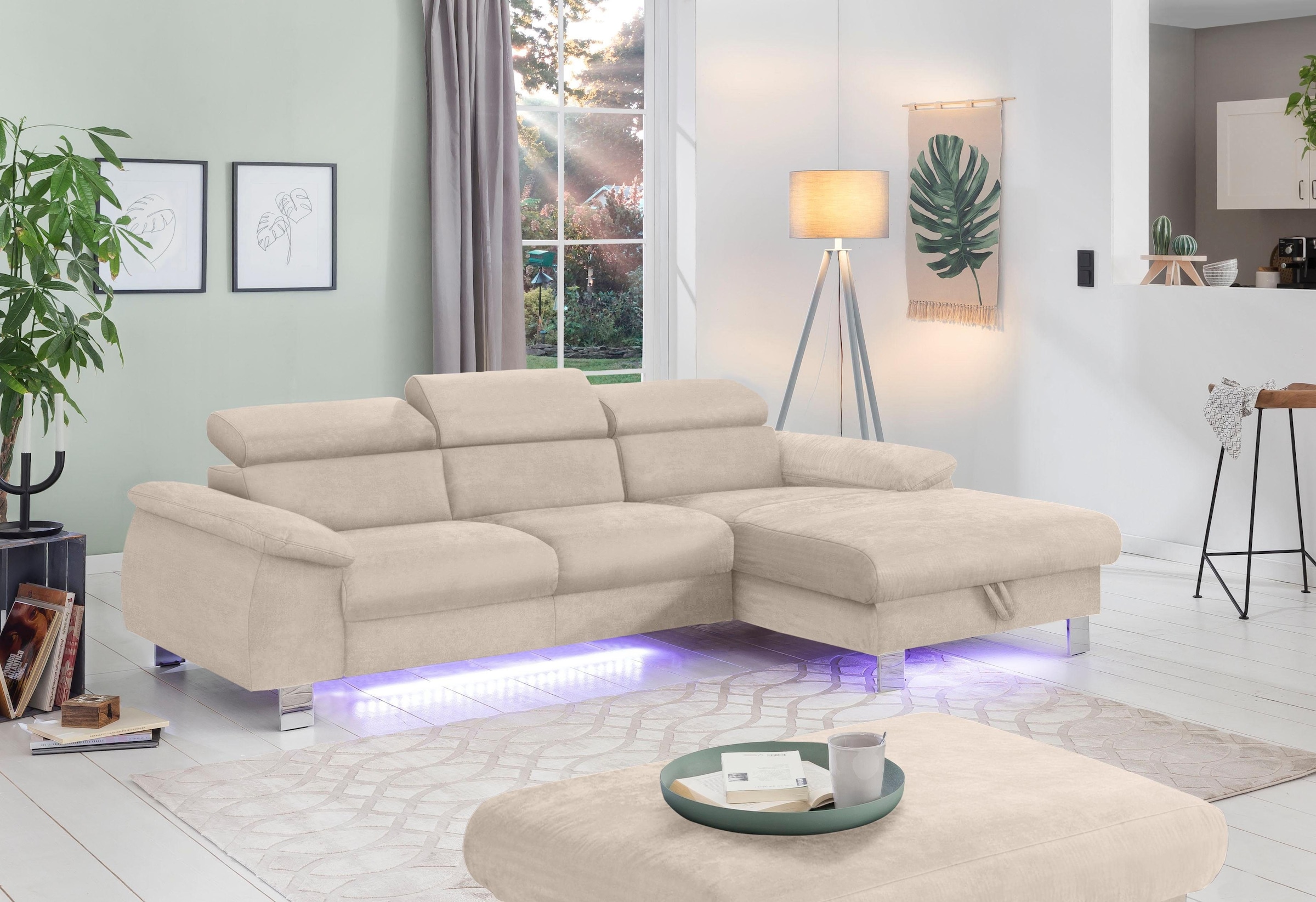 COTTA Ecksofa Komaris, Ecksofa, wahlweise mit RGB-LED-Beleuchtung und Bettfunktion/Bettkasten
