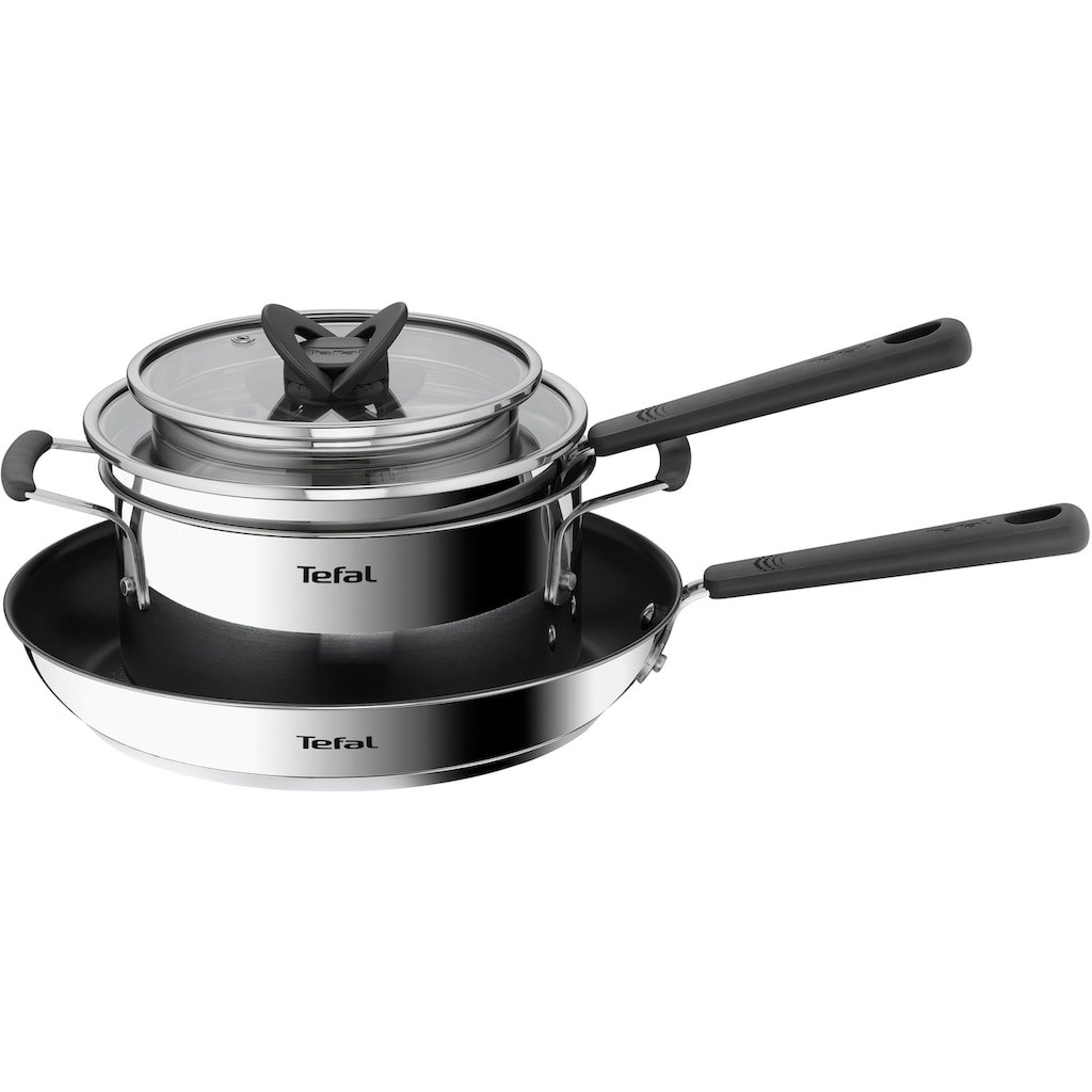 Tefal Topf-Set »G737S5 Opti'Space lig«, Edelstahl, (Set, 5 tlg., Stielkasserolle 16 cm, Kochtopf 20 cm, je mit Deckel, Pfanne 28 cm), Antihaftversiegelung (Pfanne), für alle Herdarten inkl. Induktion