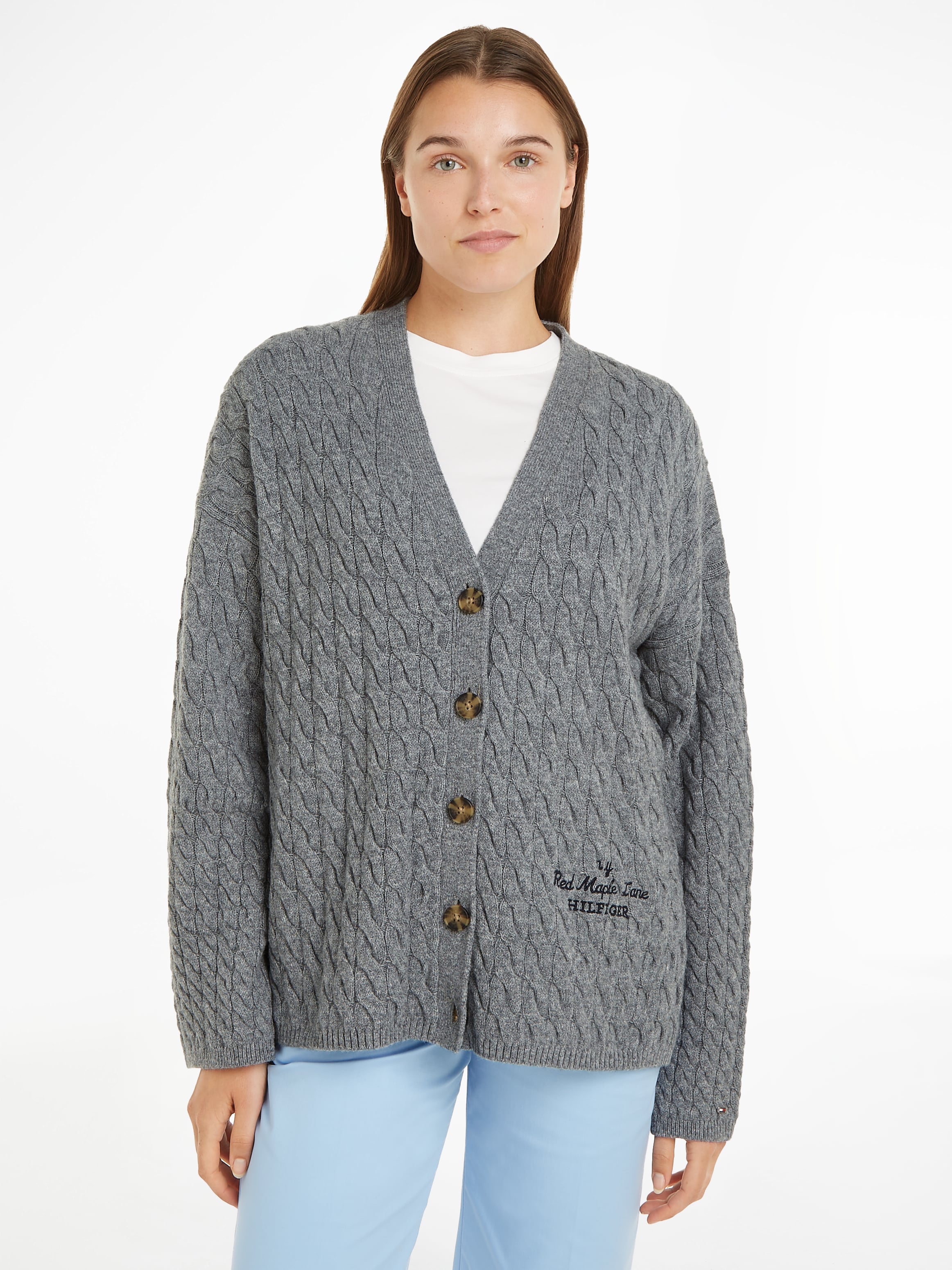 Tommy Hilfiger Strickjacke "WOOL BLEND CABLE V-NK CARDI", mit Zopfmuster