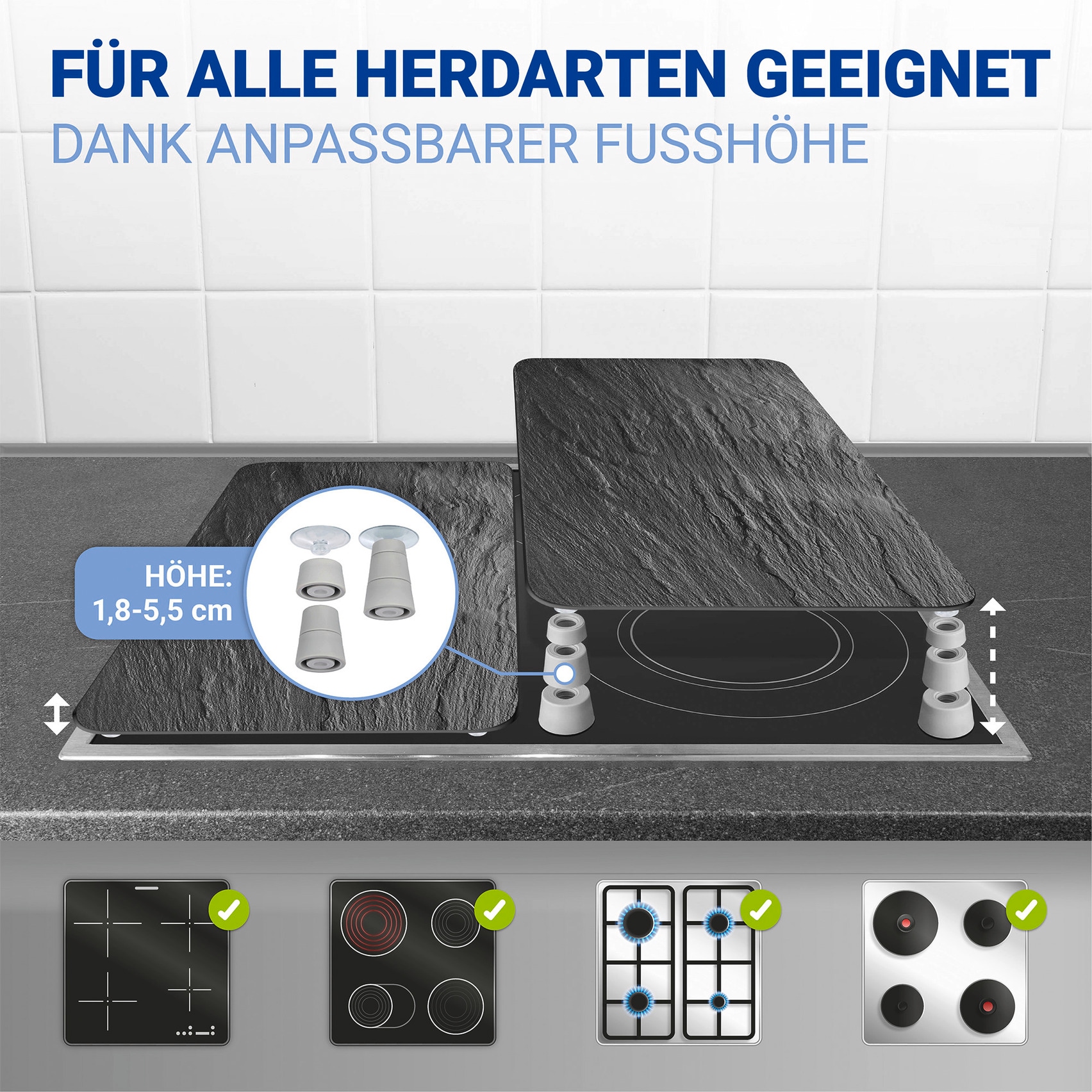WENKO Herdblende-/Abdeckplatte »Universal Modell Schiefer«, (Set, 2 tlg.), Herdabdeckung für alle Herdarten, kratzfest, mit rutschfesten Füßen