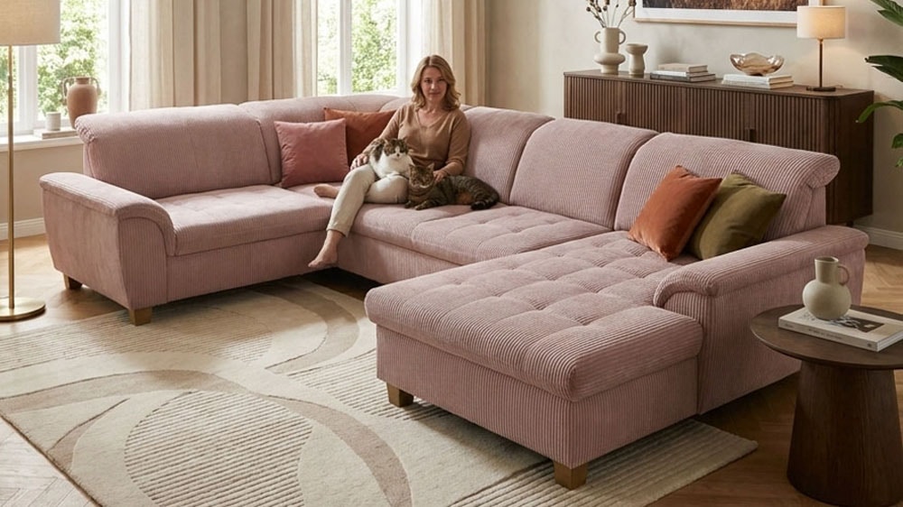OTTO home Wohnlandschaft "Eggery 352 x 214 cm, auch mit Schlaffunktion & Bettkasten, Holzfüße" Kopfteile verstellbar, U-Form, aus Pet Friendly Cord
