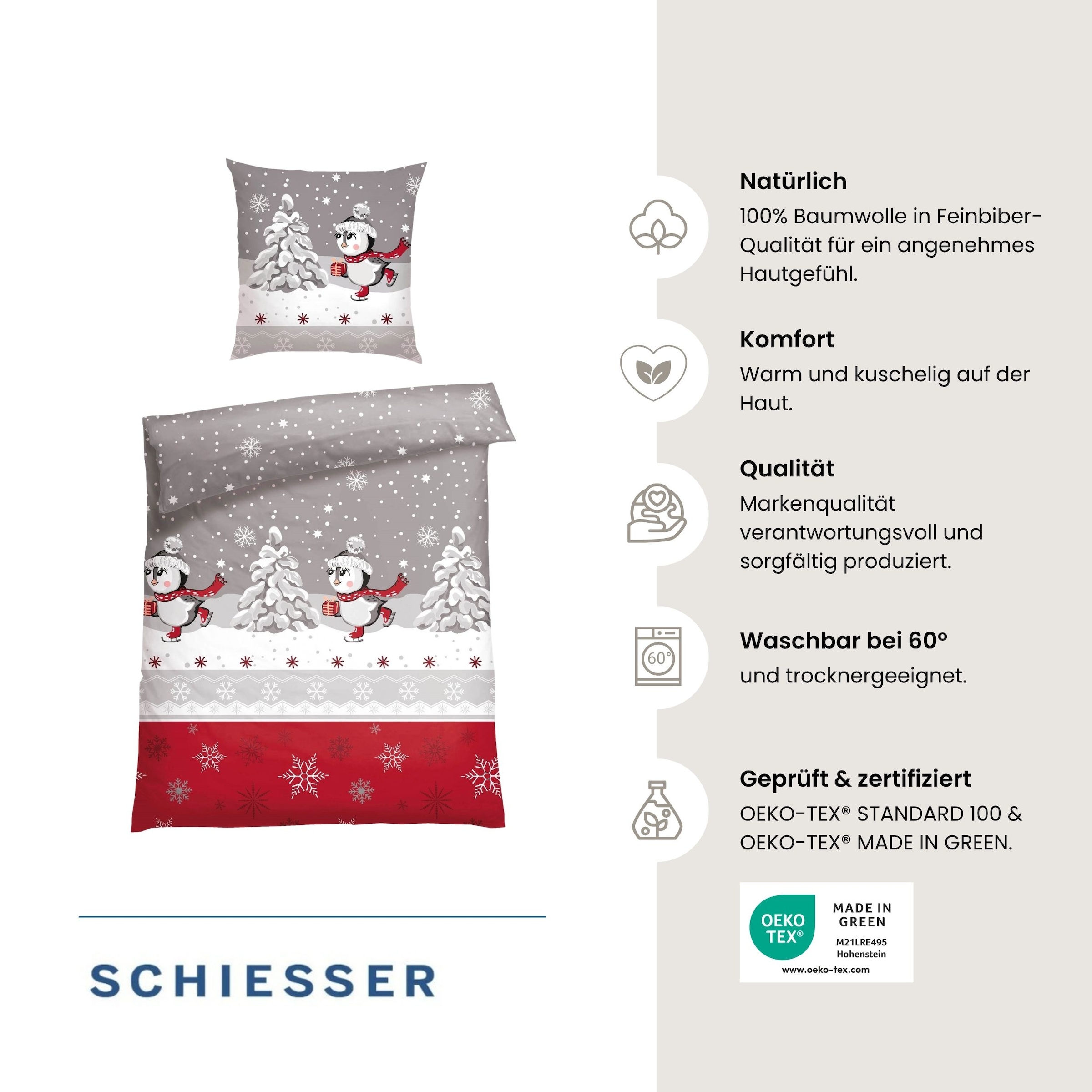 Schiesser Bettwäsche »Telso aus weicher Baumwolle mit süßen Pinguinen« 2 Stk. OEKO-TEX® MADE IN GREEN