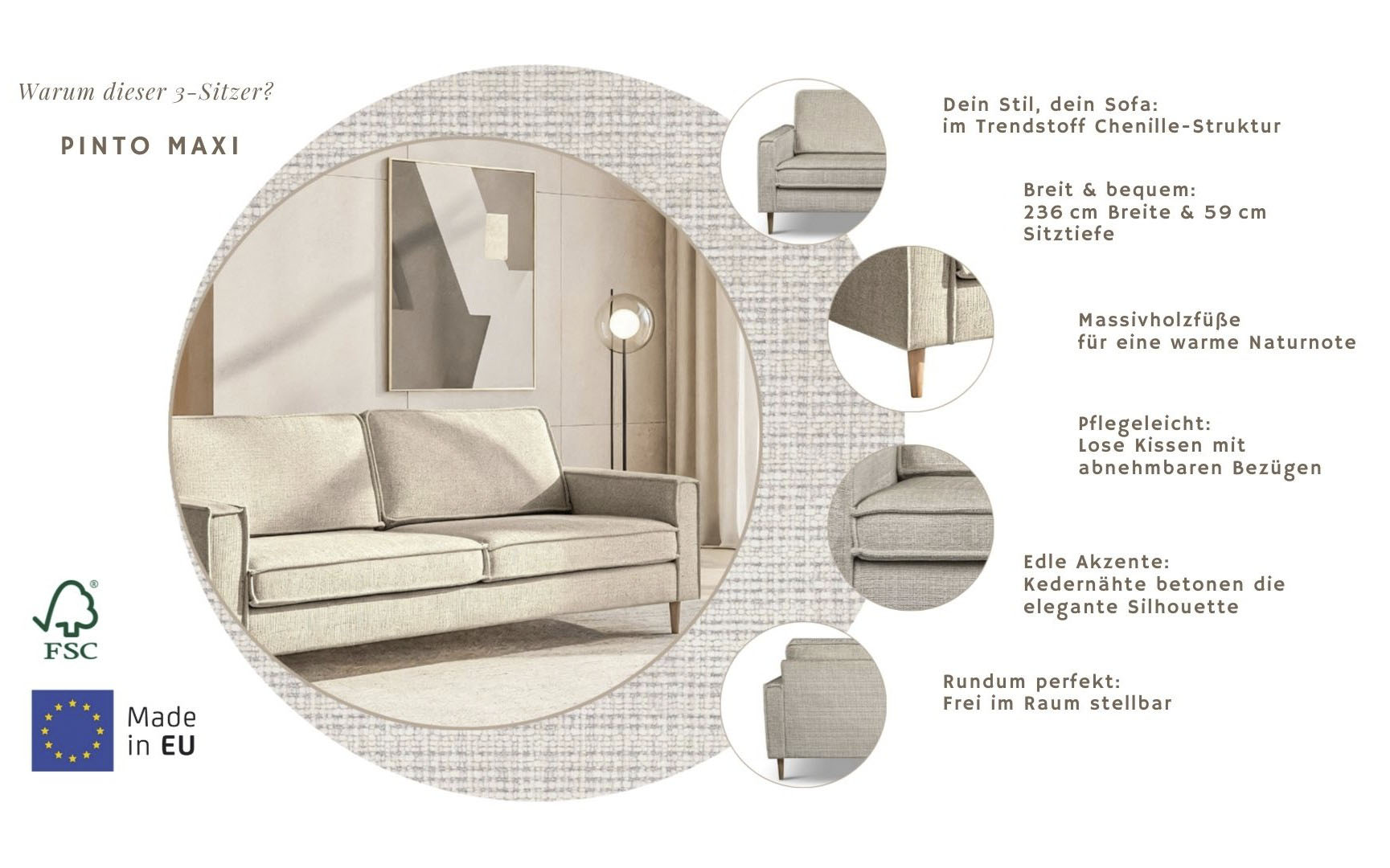 Thumbnail - Home affaire 3-Sitzer "Pinto Skandi,Maxi-Ausführung, 236 cm, Chenille, Struktur" mit Keder, Massivholzfüße Eiche geräuch...