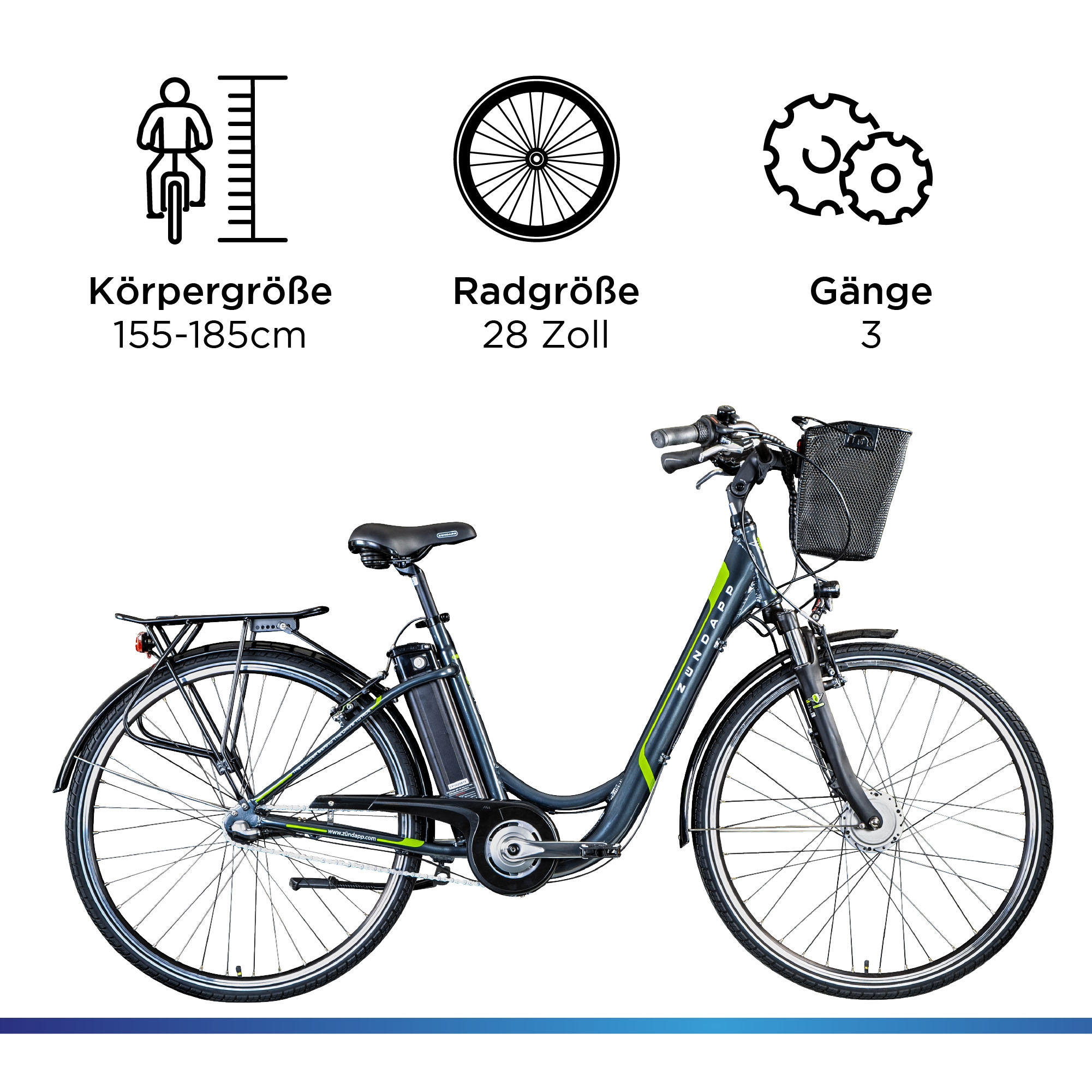 Zündapp E-Bike »Z510«, 3 Gang, Shimano, Nexus SC-3C41, Frontmotor 250 W, (mit Frontkorb), Pedelec, Elektrofahrrad für Damen u. Herren