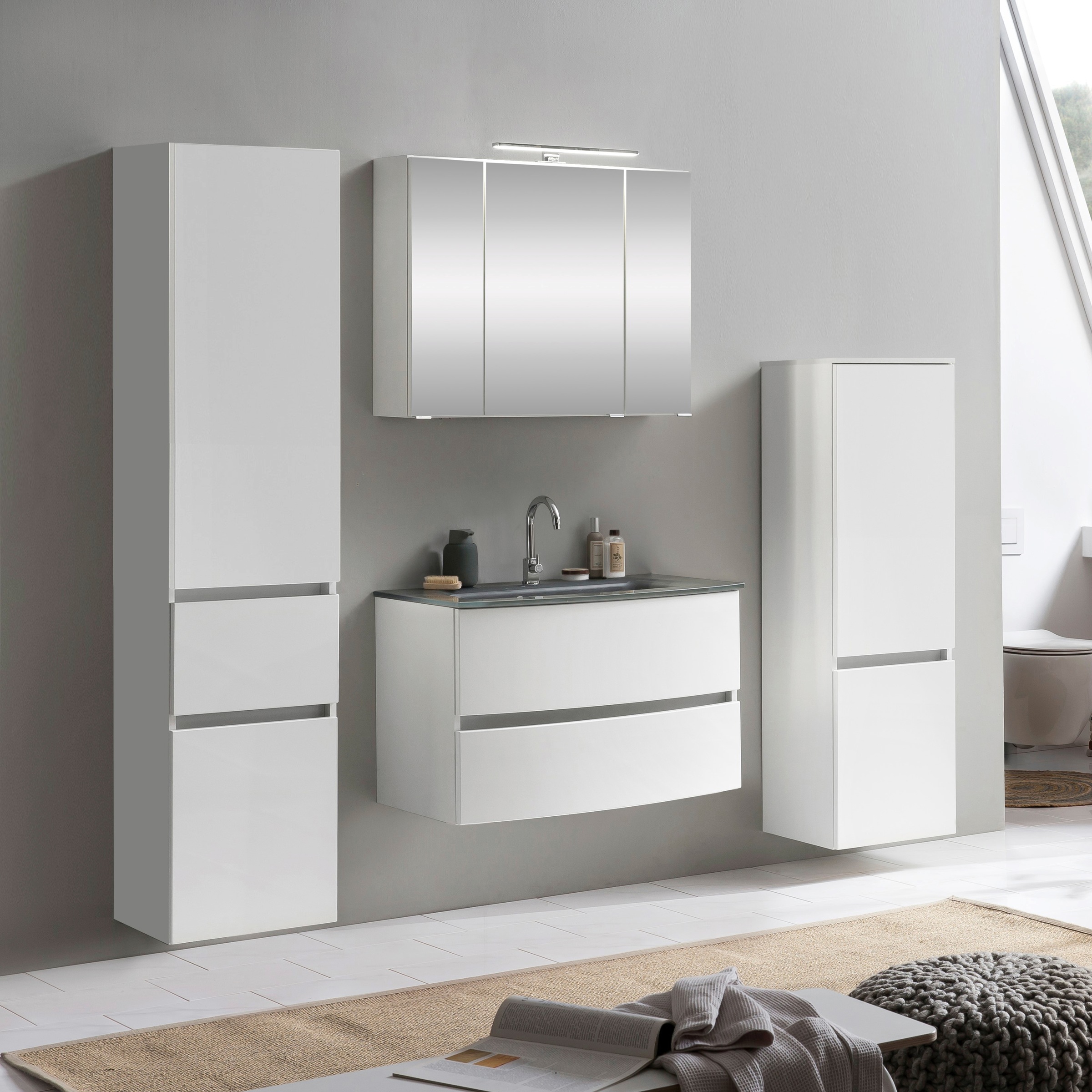 welltime Badezimmer-Set »Kaunas«, (Set, 4 St.), Waschtisch-Set (Breite 80 cm) mit Midischrank und Seitenschrank