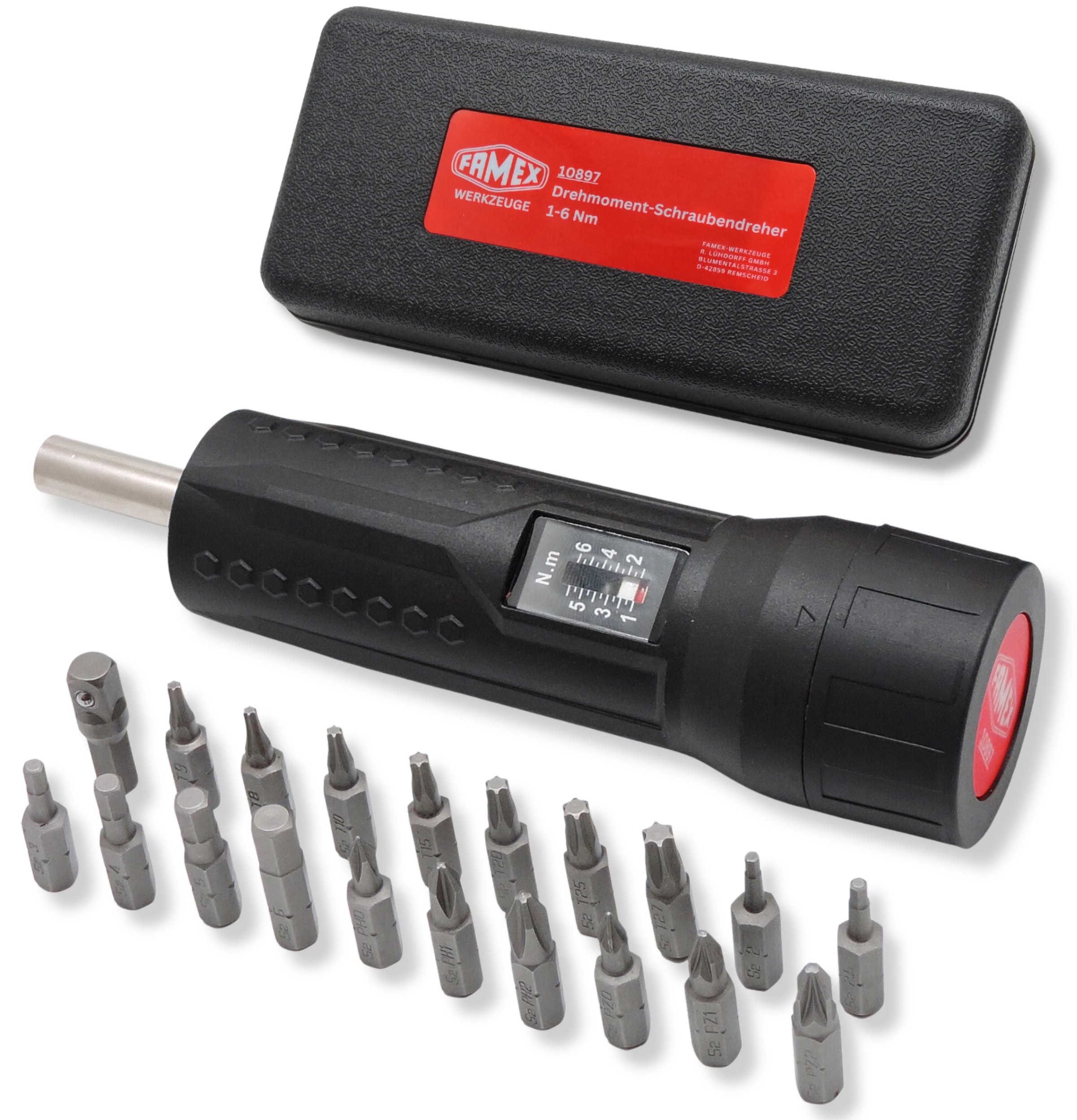 FAMEX Drehmomentschlüssel »10897«, (Set, 21 St.), 1/4", 1-6 Nm, mit 19 Schraub-Bits, auslösender Schraubendreher