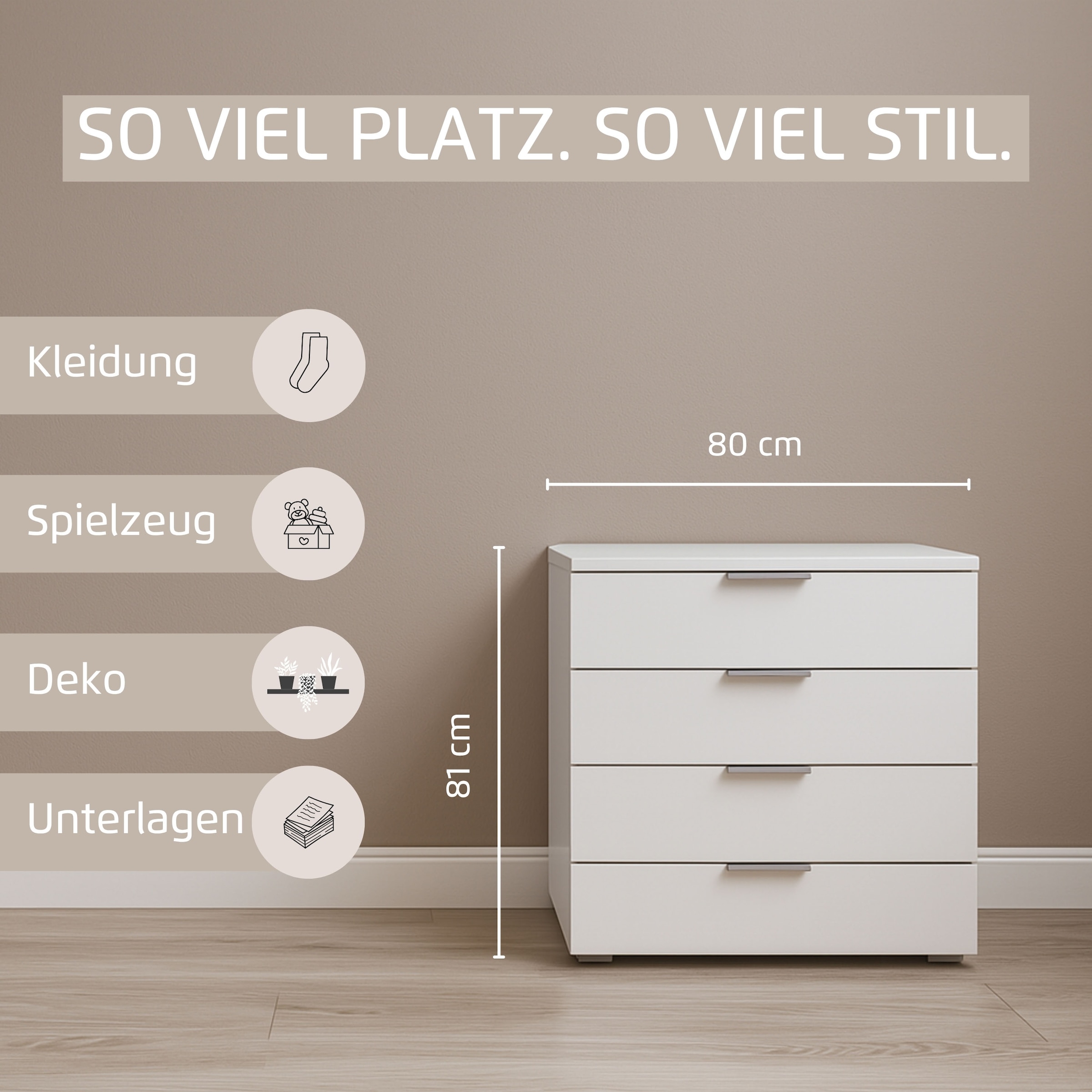 rauch Schubkastenkommode »Sideboard Schubladenkommode AGORDO mit Dekor- oder Hochglanzfront«, (in zwei Griff-Farben, Breite 80 cm inkl. Soft-Close-Funktion), vier große und geräumige Schubladen mit viel Stauraum MADE IN GERMANY