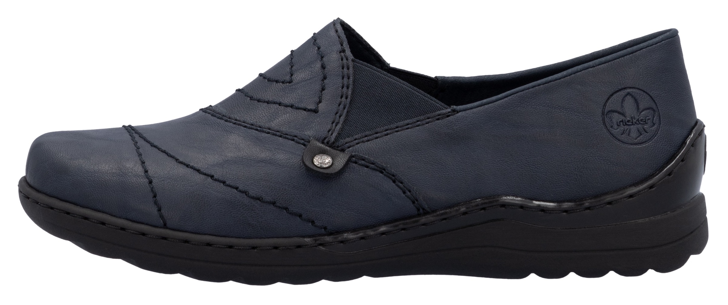 Rieker Slipper, Schlupfschuh, Halbschuh, Slip on mit Stretcheinsatz und Ziersteppung