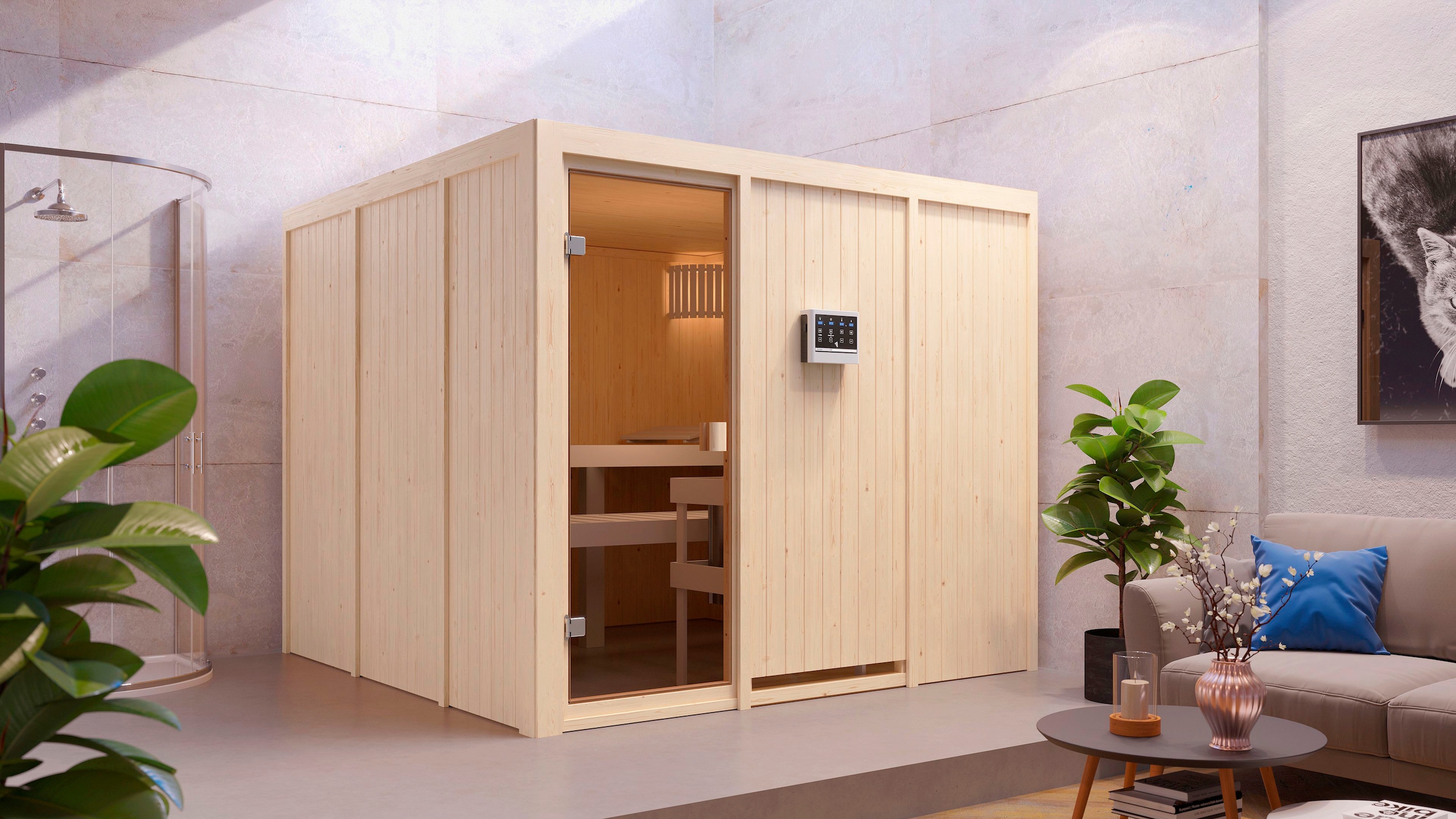 welltime Sauna »Ferun«, 9-kW-Bio-Ofen mit ext. Steuerung