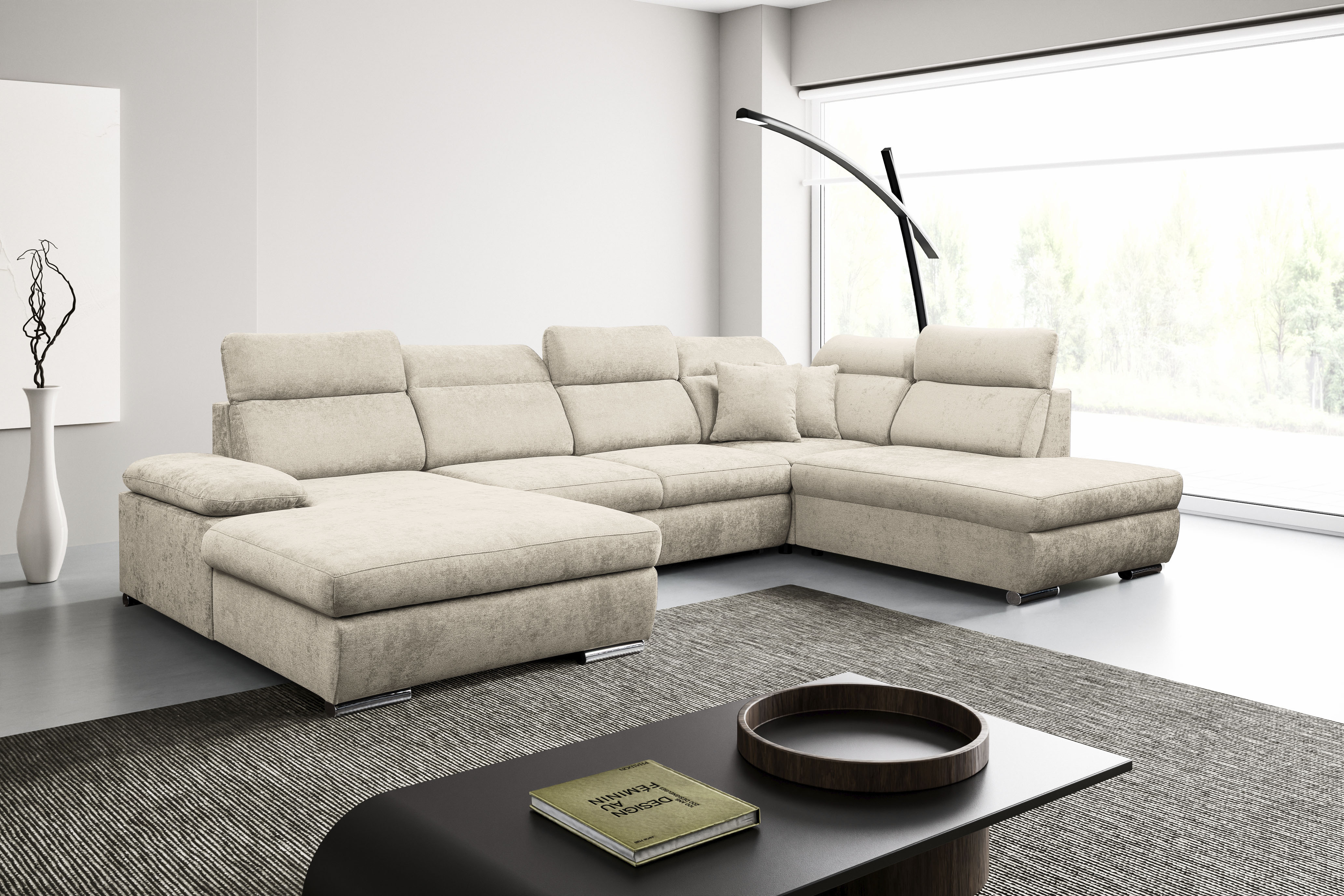 WERK2 Wohnlandschaft "Cordoba 359 x 232 cm inkl. Bett modern und bequem" Struktur, U-Form, XXL, Schlaffunktion, Bettkasten