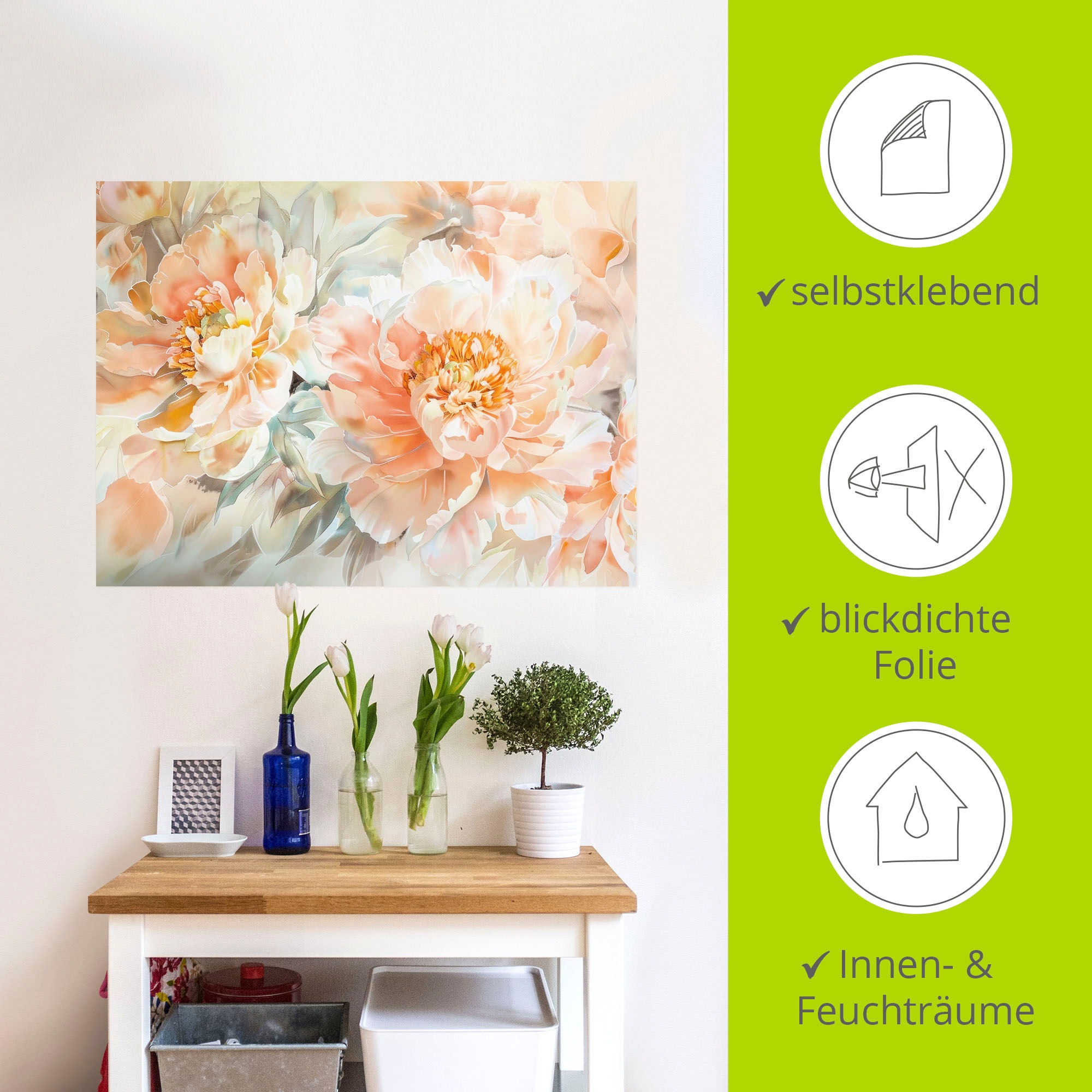 Wandbild ARTLAND "Pfirsisch Farbene Pfingstrosen Aquarell", farbe bild(er): orange, B:80cm H:60cm, Bilder, als Alubild, Leinwandbild, Poster, Wandaufkleber in verschied. Größen 2