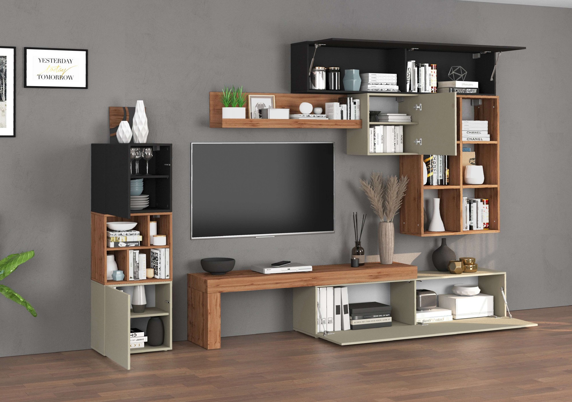 INOSIGN Wohnwand »Chronos Wohnwand, Medienwand, 8-er set«, (Set, 8 St.), ca. 320 cm mit Hängeschränke, Würfel, Regal, Lowboard, Made in Italy