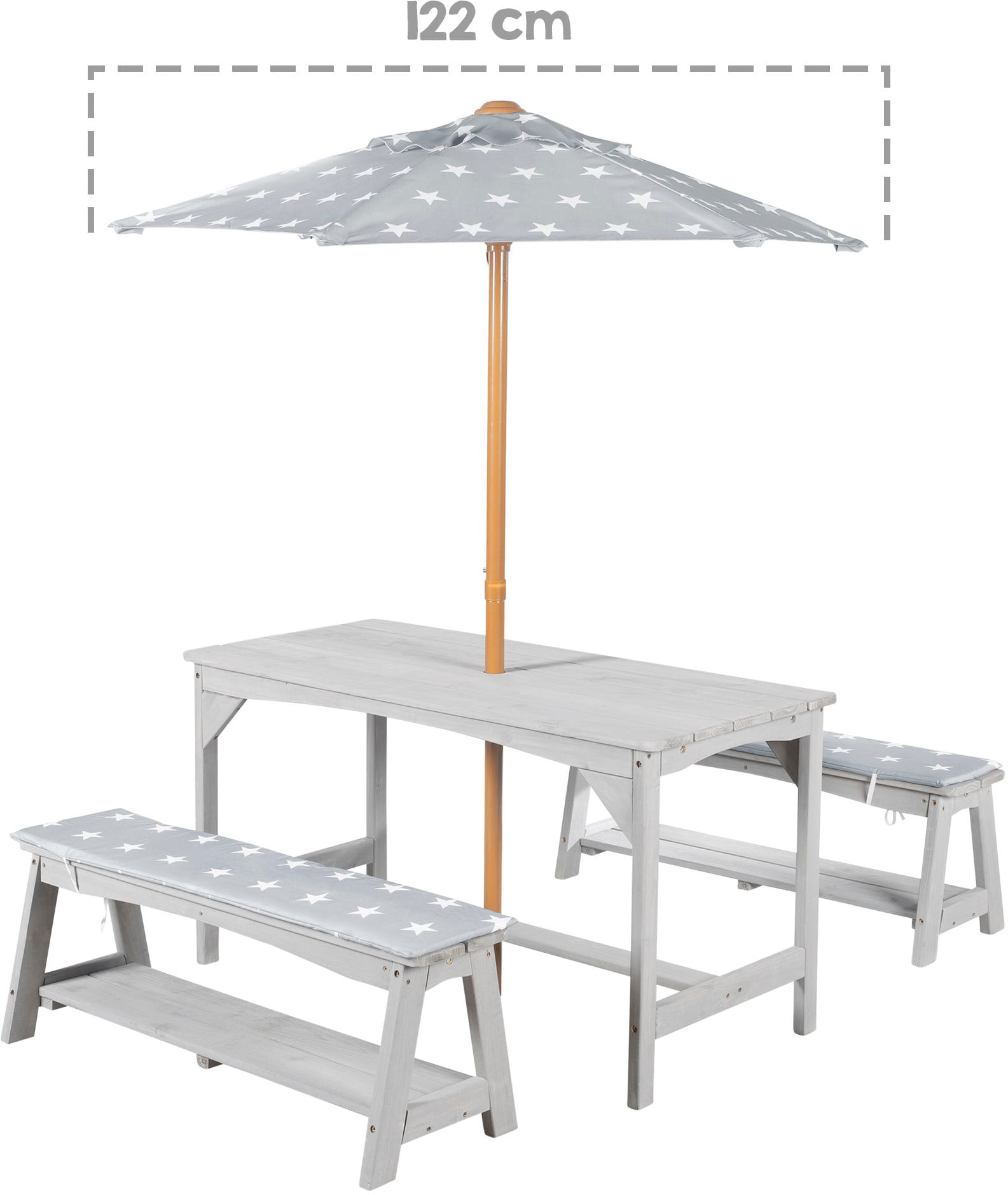 roba® Garten-Kindersitzgruppe »Outdoor+«, (Set, 3 tlg.), Tisch und 2 Bänke mit Sitzauflage, Schirmset