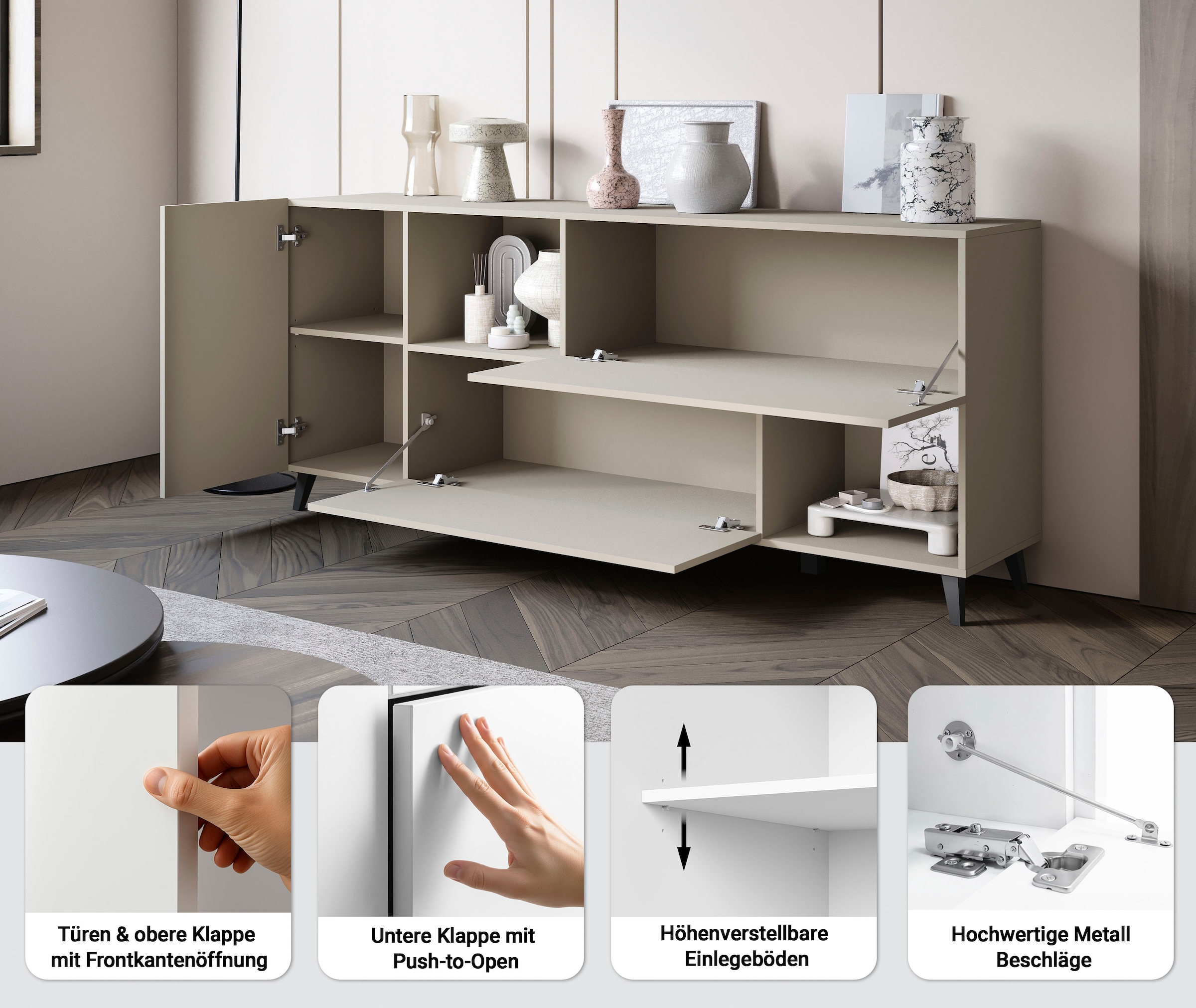 Home affaire Sideboard »Phuket, Kommode mit 1 Tür, 2 Klappen und offenen Fächern« 1 Stk. tlg. 180 cm breit, modernes Design mit viel Stauraum