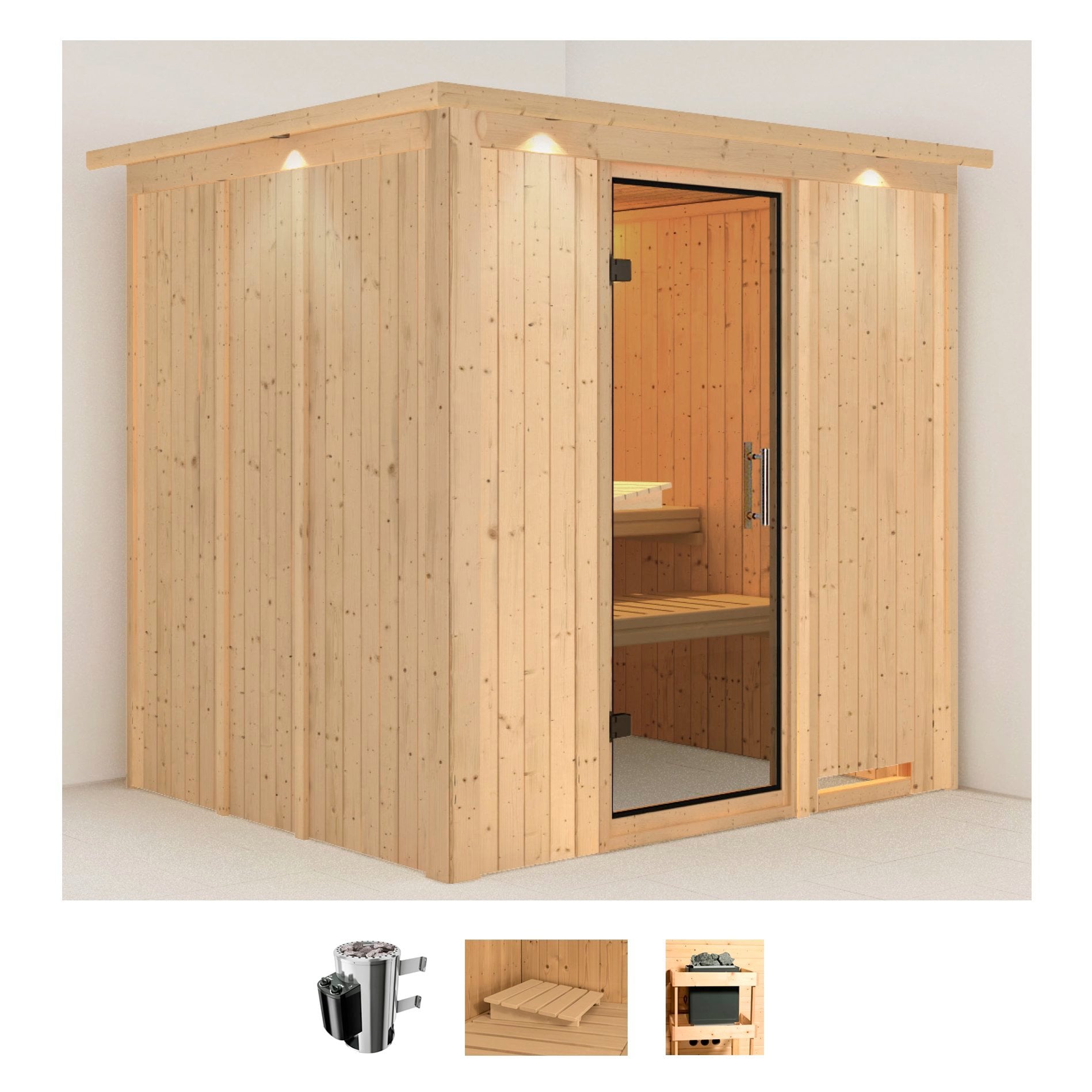 Karibu Sauna "Dima" Set, Ofen 3,6 kW intgr. Strg