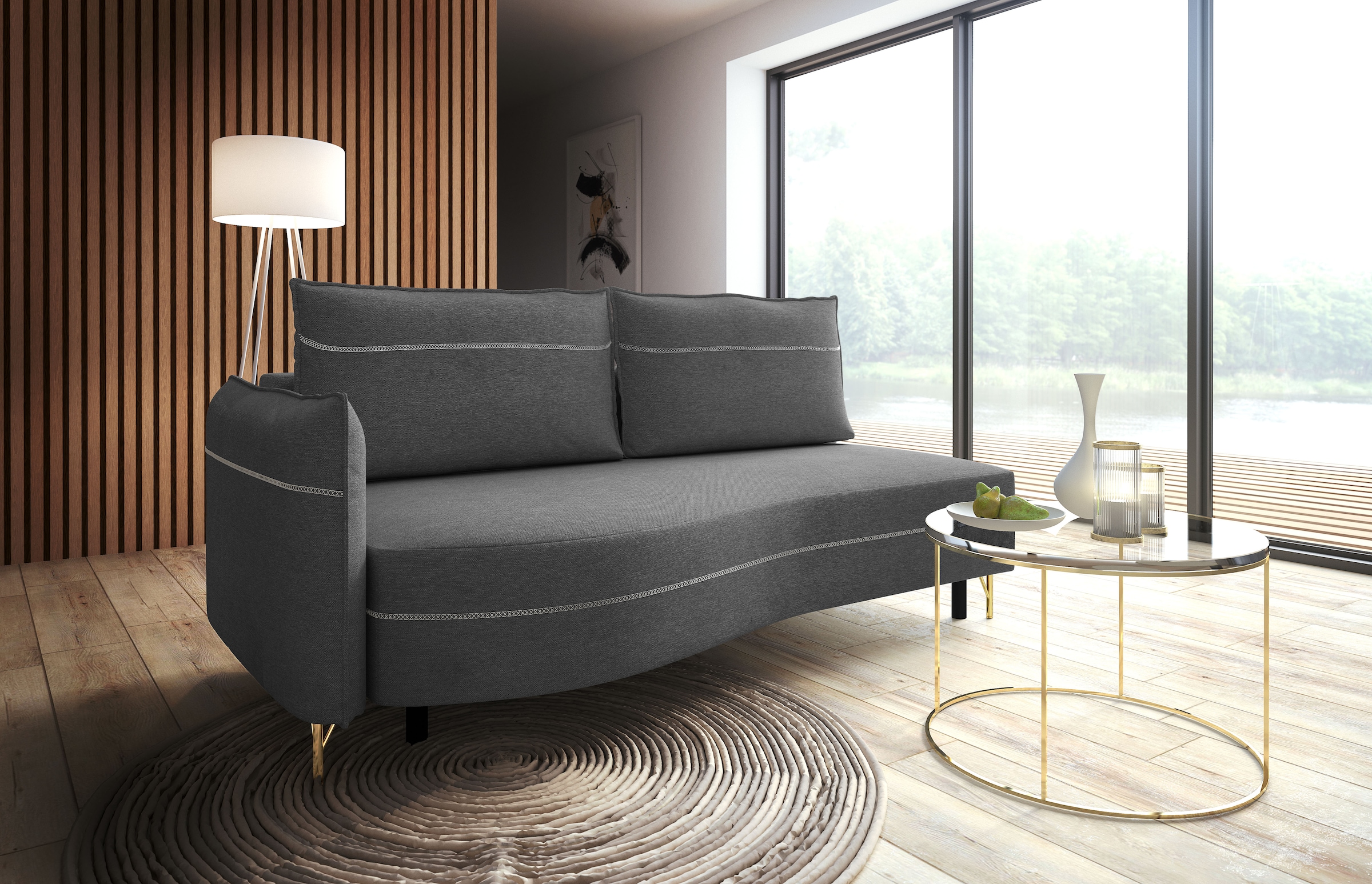 exxpo - sofa fashion Loungesofa »mit toller Kontrastnaht, Solitärmöbel, bequem, schmale Armlehne«, Schlafsofa mit Bettfunktion und Bettkasten, komfortabler Federkern