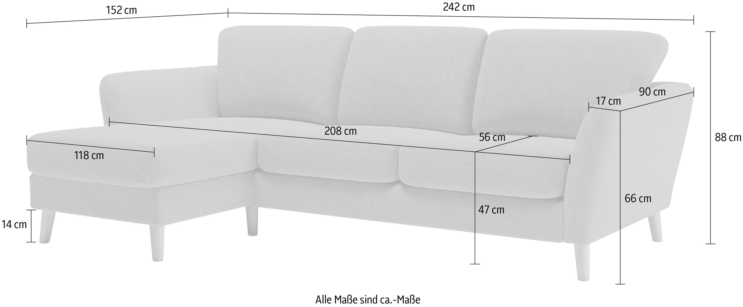 Home affaire Ecksofa »MARSEILLE (242/152cm),L-Form, Rec. rechts/links«, Massivholzbeine aus Eiche, in verschieden Bezügen und Farbvarianten