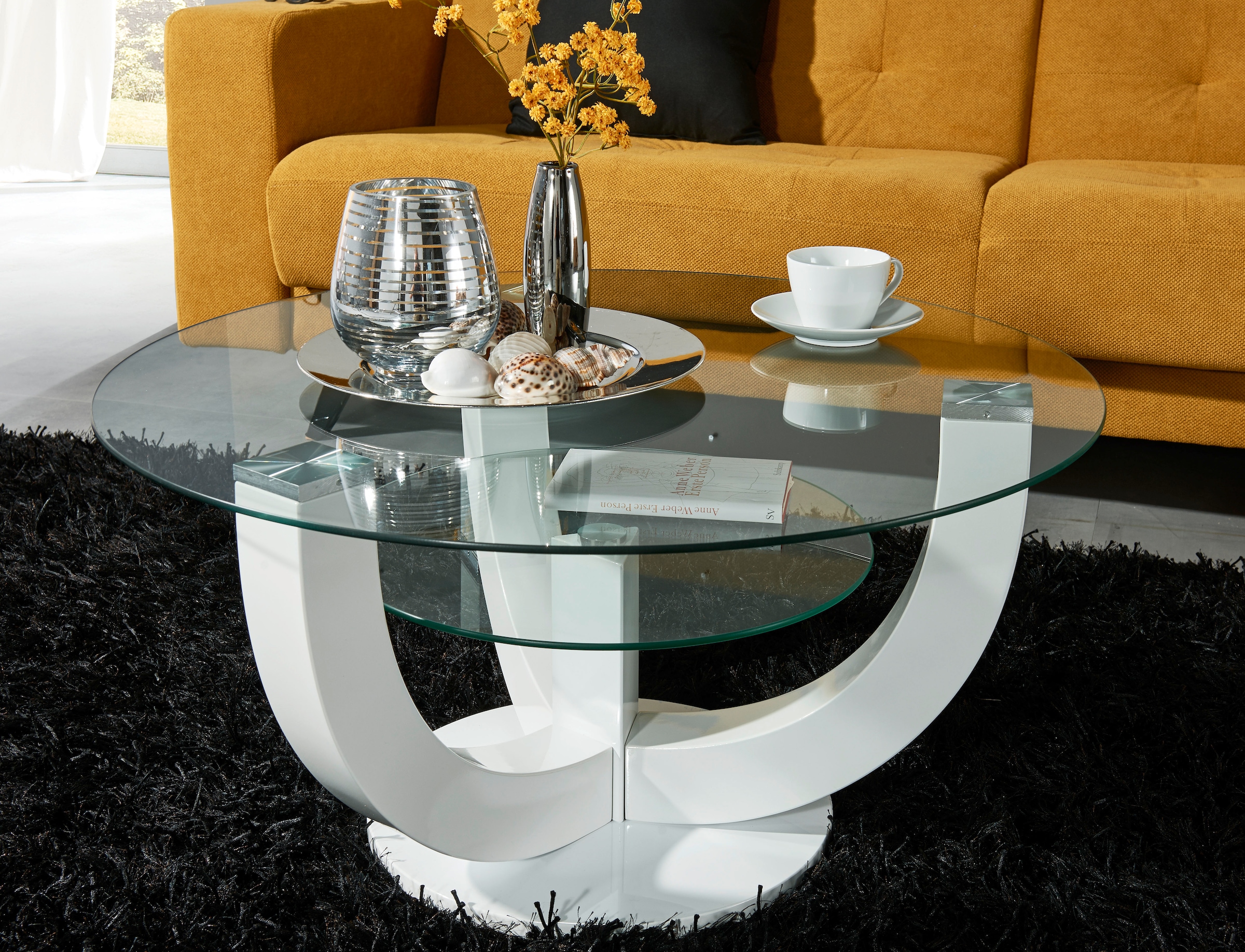 HBZ Couchtisch »Denver, TOPSELLER!«, (Couchtisch), rund mit Glas, Tisch -Gestell weiß hochglanz