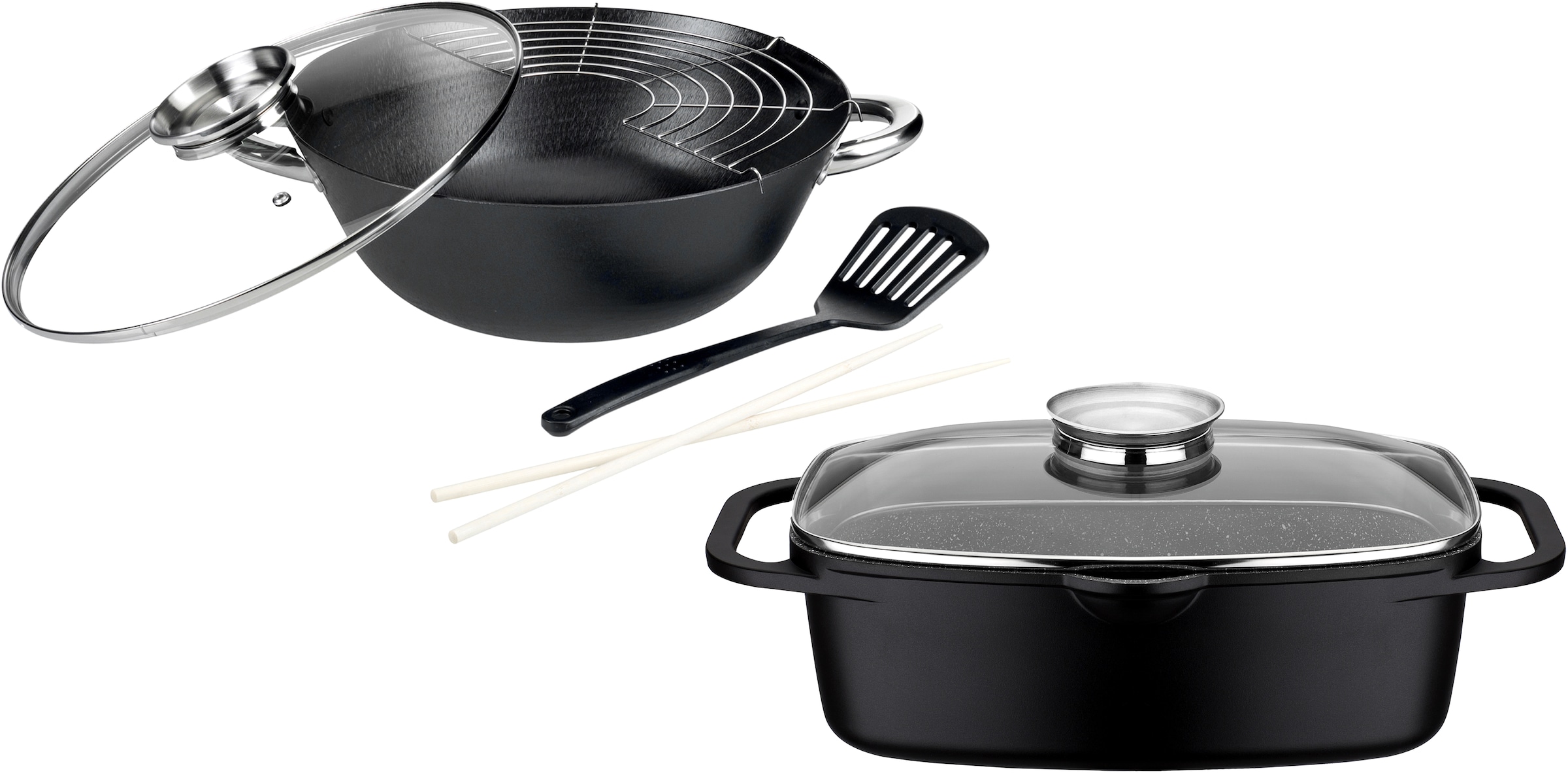 GSW Topf-Set »Gourmet Granit«, Gusseisen, (Set, 4 tlg., 1 Bräter 32cm, 1 Wok Ø32cm, mit Deckel, Gittereinsatz, Pfannenwender), Induktion