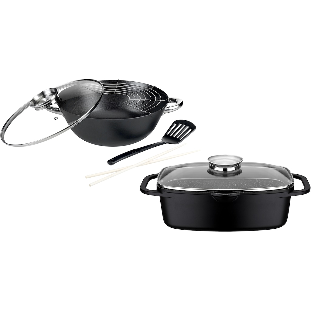 GSW Topf-Set »Gourmet Granit«, Gusseisen, (Set, 4 tlg., 1 Bräter 32cm, 1 Wok Ø32cm, mit Deckel, Gittereinsatz, Pfannenwender)