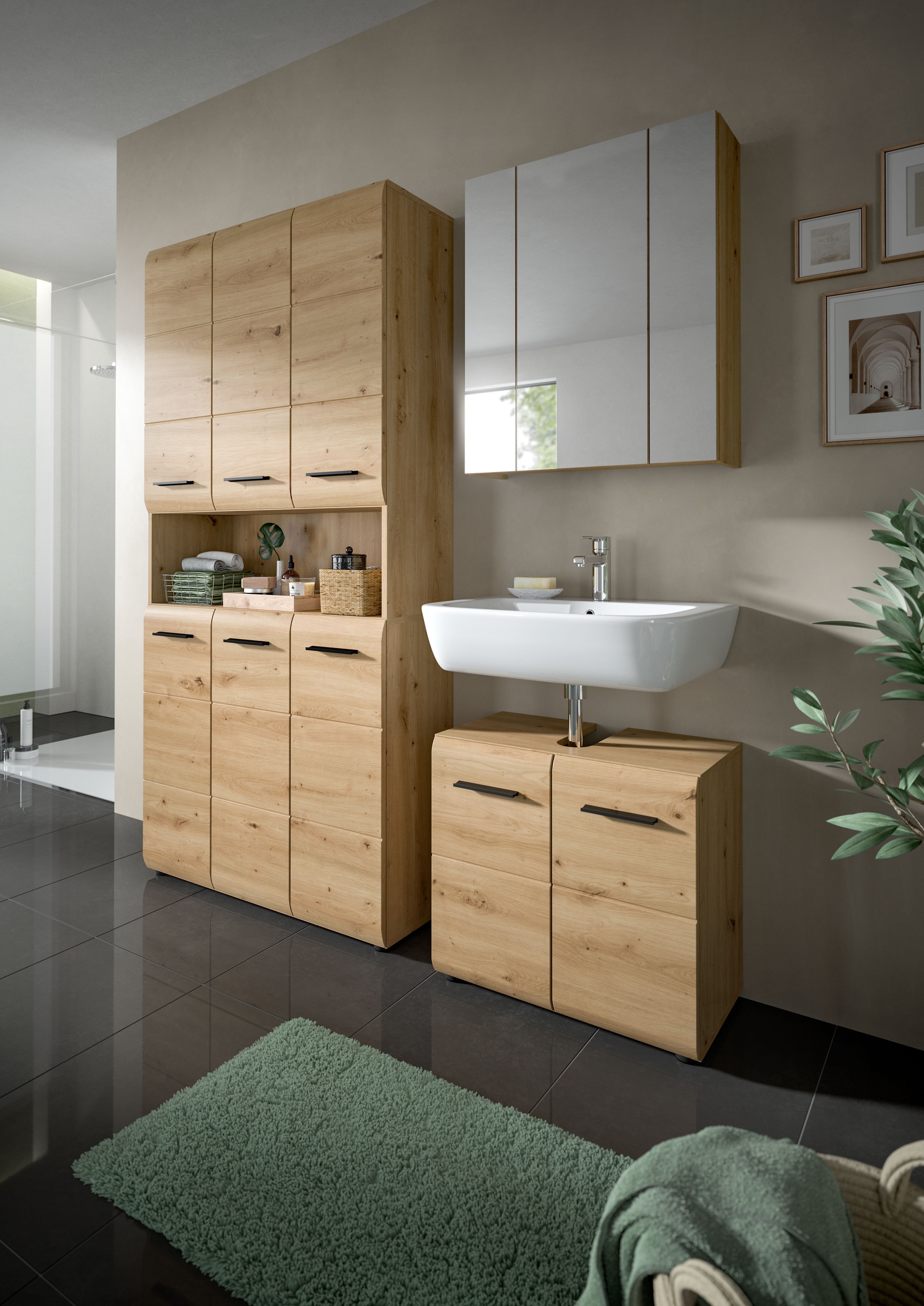 INOSIGN Badezimmer-Set, (Set, 4 St.), Florenz, Badkombination 3-tlg., Artisan Oak NB, Mehrzweckschrank