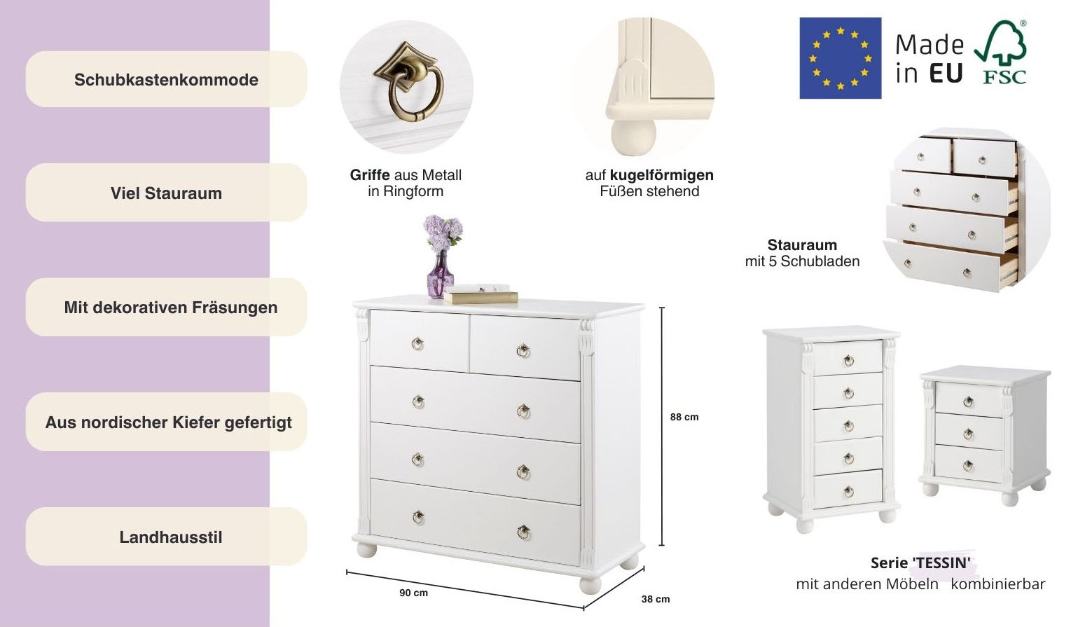 Thumbnail - Home affaire Schubkastenkommode "Tessin" aus massiver, FSC zertifizierter Kiefer, mit 5 Schubladen