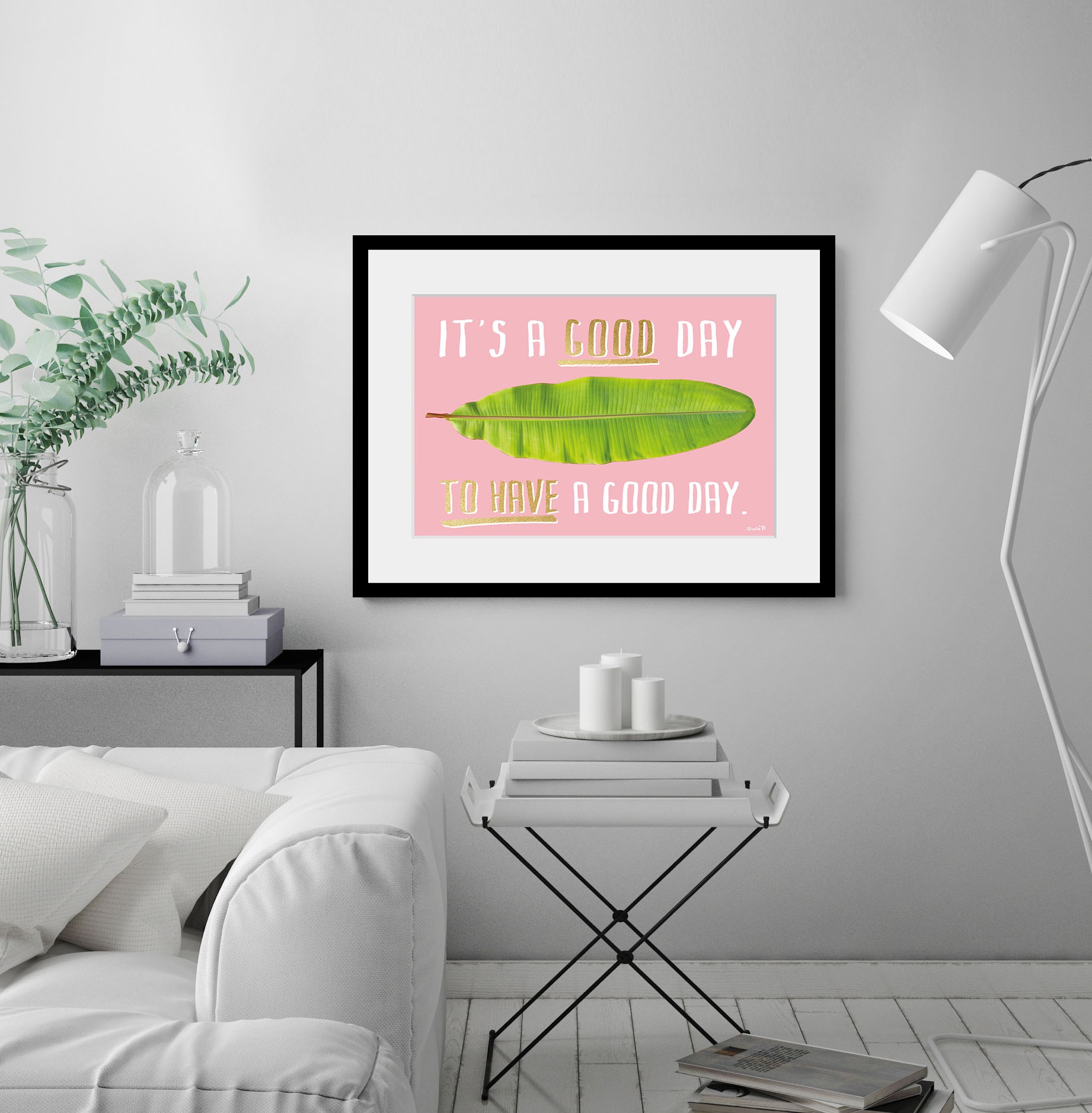 queence Bild »GOOD DAY«, Blätter-Sprüche & Texte-Motivationsbilder-Pflanzen, (1 St.), HD Premium Poster-Druck inkl. Holzrahmen