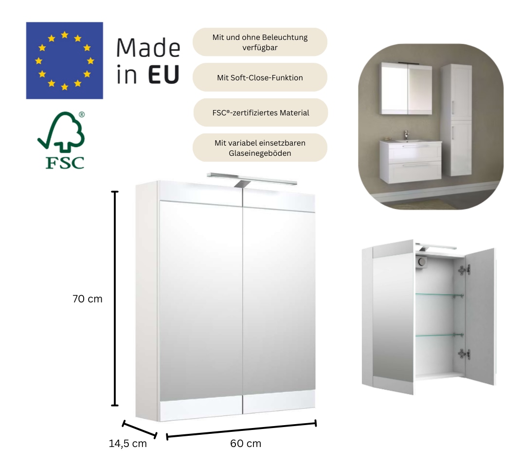 welltime Badezimmerspiegelschrank »Serena Retro«, FSC®-zertifiziertes Material, Breite 61,5 cm, mit LED-Beleuchtung