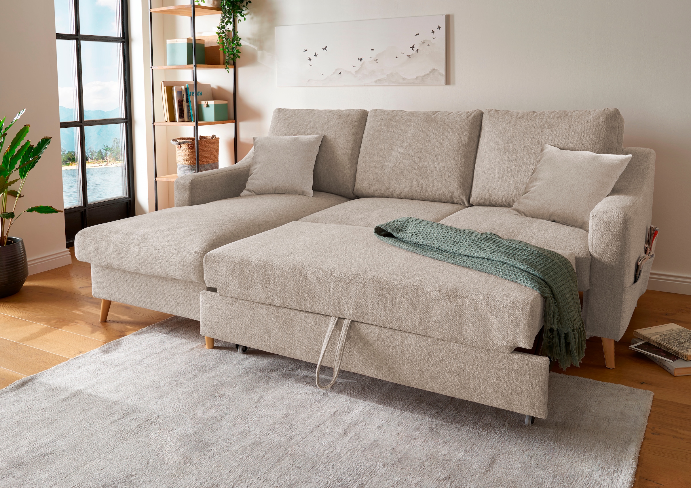 INOSIGN Ecksofa »Valentina L-Form«, 2 Zierkissen, mit Seitentasche, ausziehbarer Liegefläche, Bettkasten