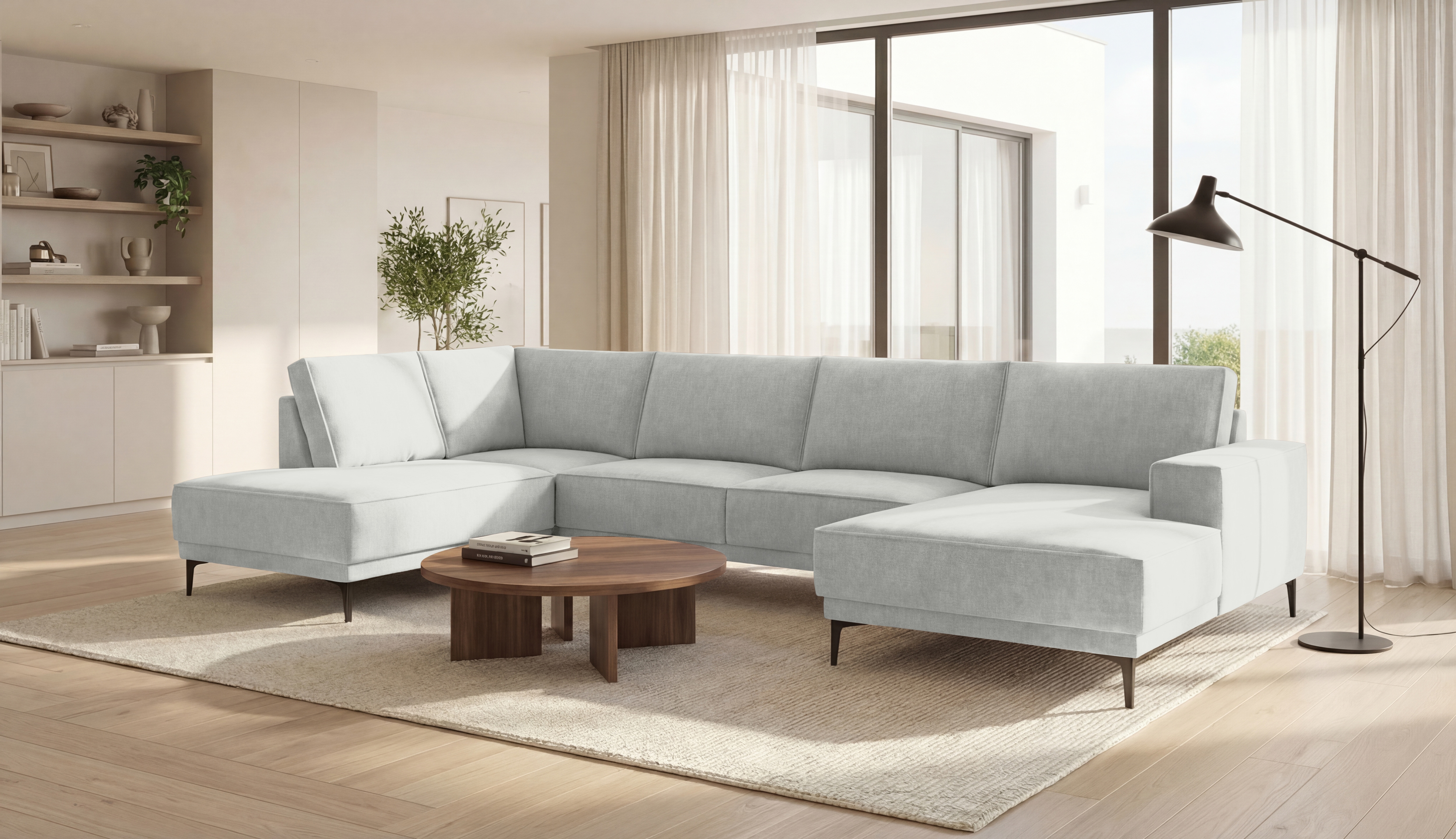 OTTO home Wohnlandschaft "OLAND Bouclé U-Form, XXL, B: 345 cm, Skandi-Design" U-Form, 345 cm, Wellenunterfederung, Skandi-Design, Metallfüße