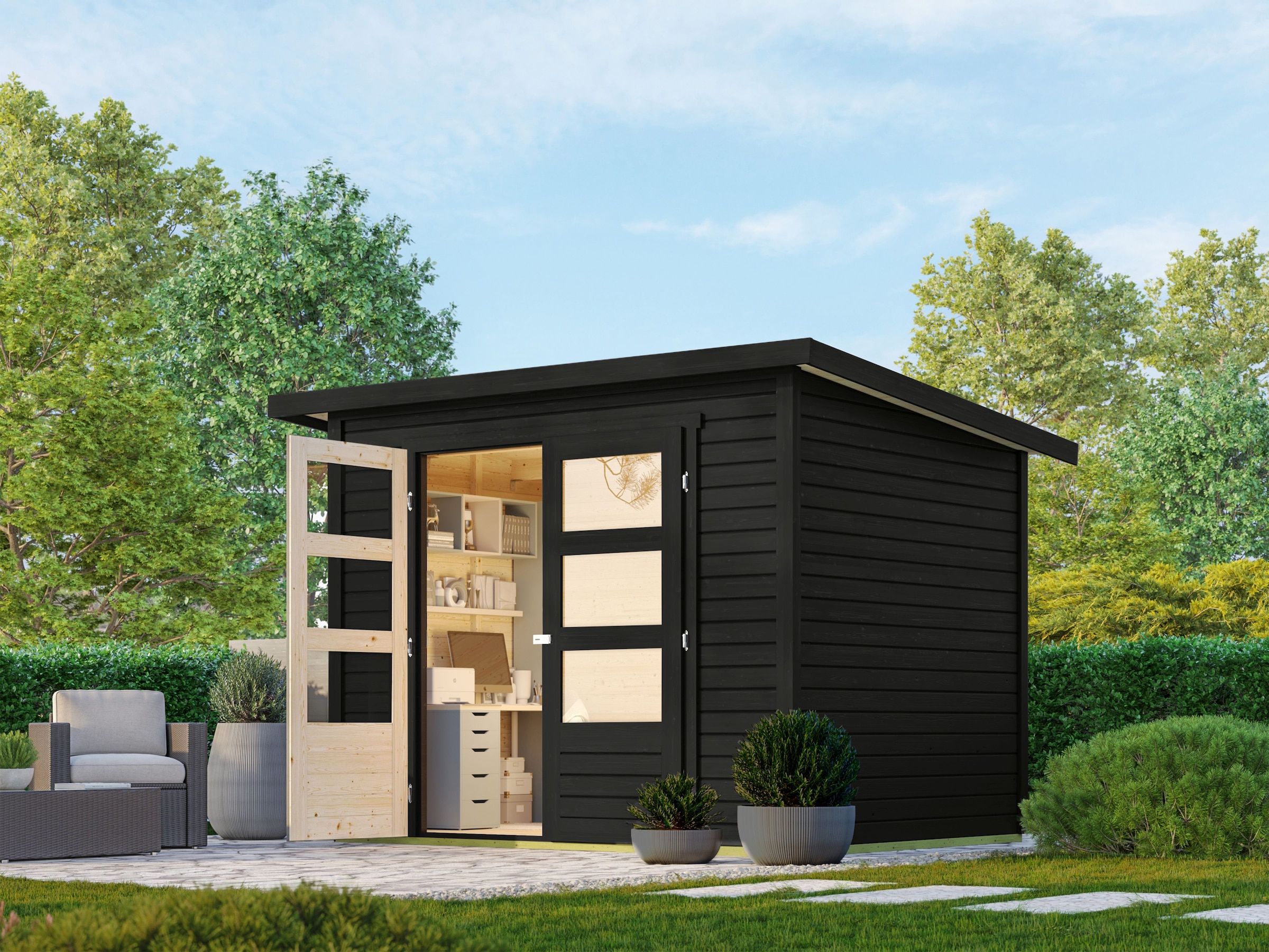 Karibu Gartenhaus ""Chiemsee 3" schwarz, aus Fichte", aus Fichtenholz, laki günstig online kaufen