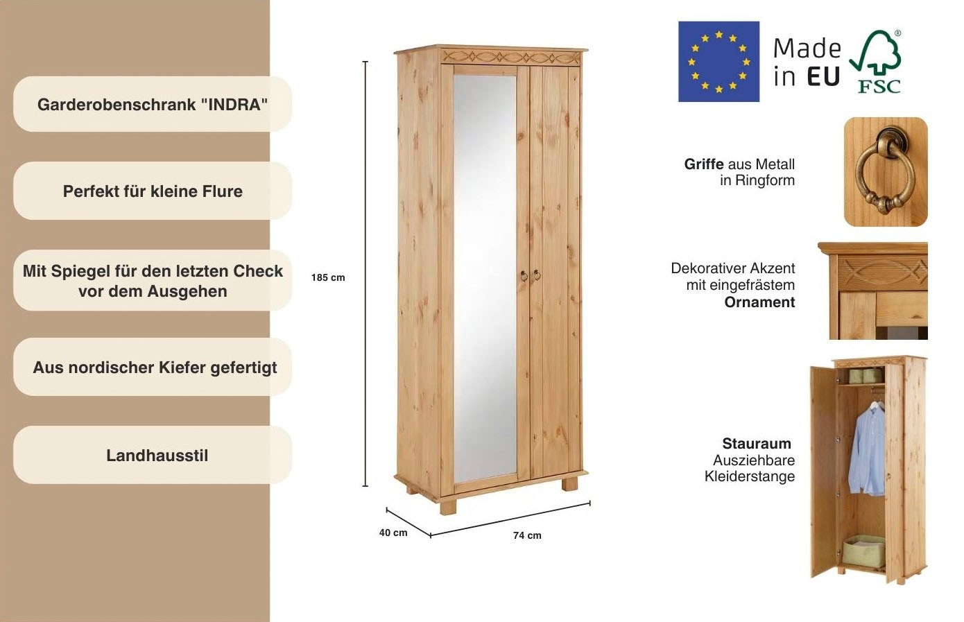 Thumbnail - OTTO home Garderobenschrank "Indra" aus massiver Kiefer, mit Spiegel, dezentes Ornament
