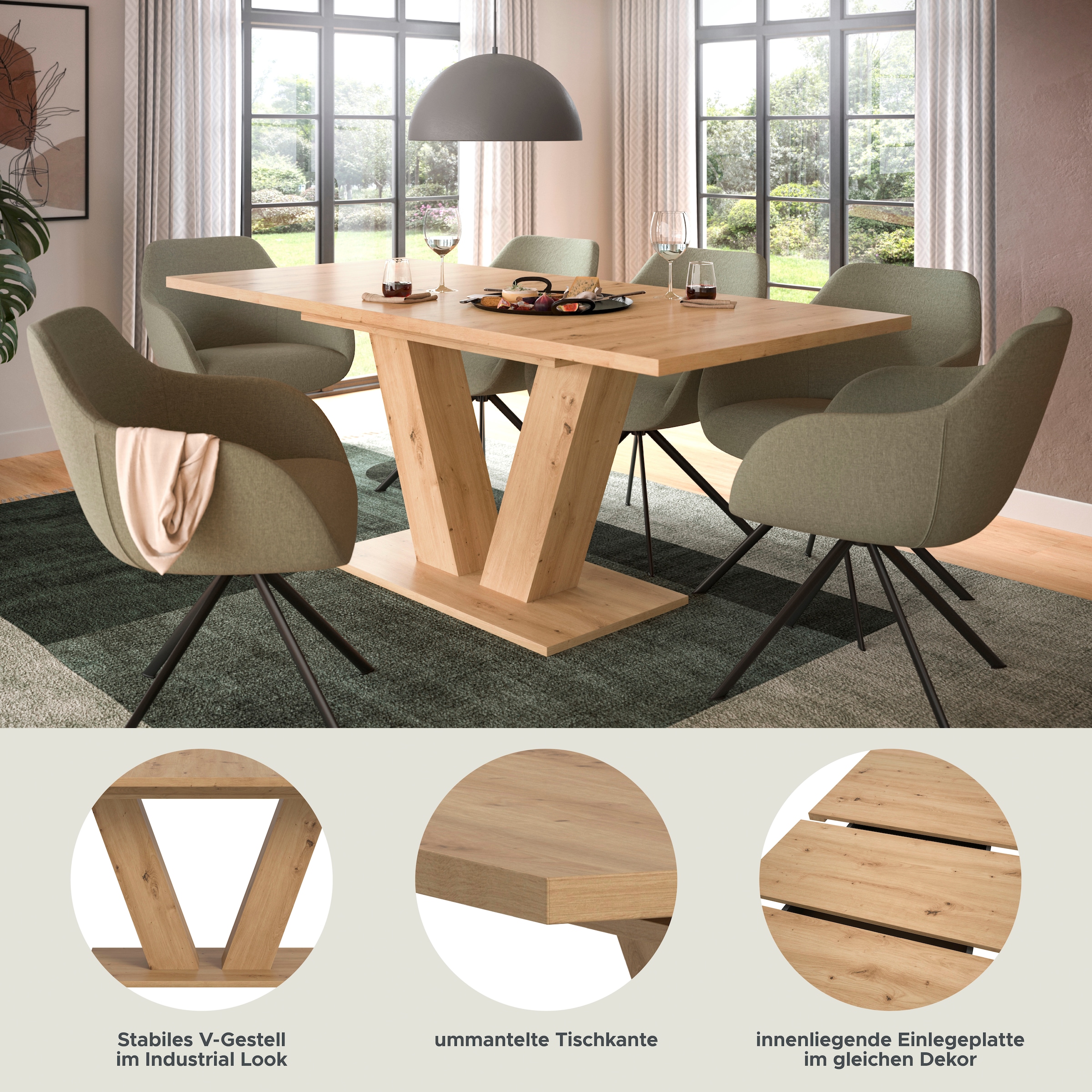 INOSIGN Esstisch »Motus, ausziehbar 150 -190 cm, inklusive 40 cm Einlegeplatte«, (Set, 1 St.), V-Gestell mit Bodenplatte, Tisch, Küchentisch, Esszimmer, Küche
