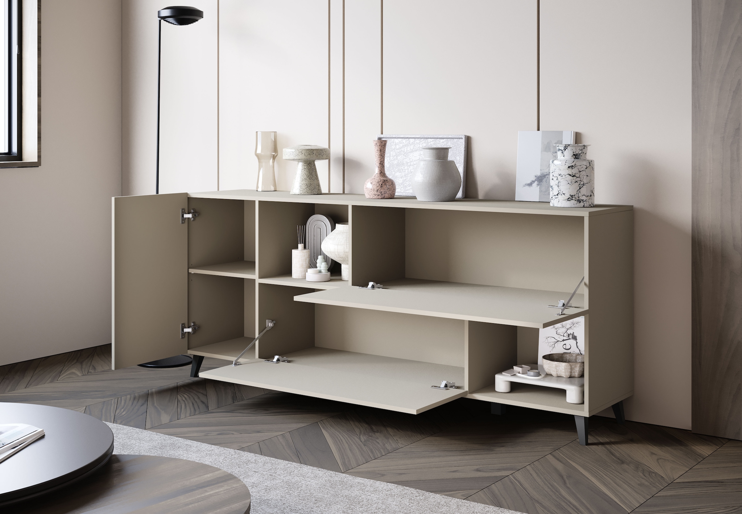 Home affaire Sideboard »Phuket, Kommode mit 1 Tür, 2 Klappen und offenen Fächern« 1 Stk. tlg. 180 cm breit, modernes Design mit viel Stauraum