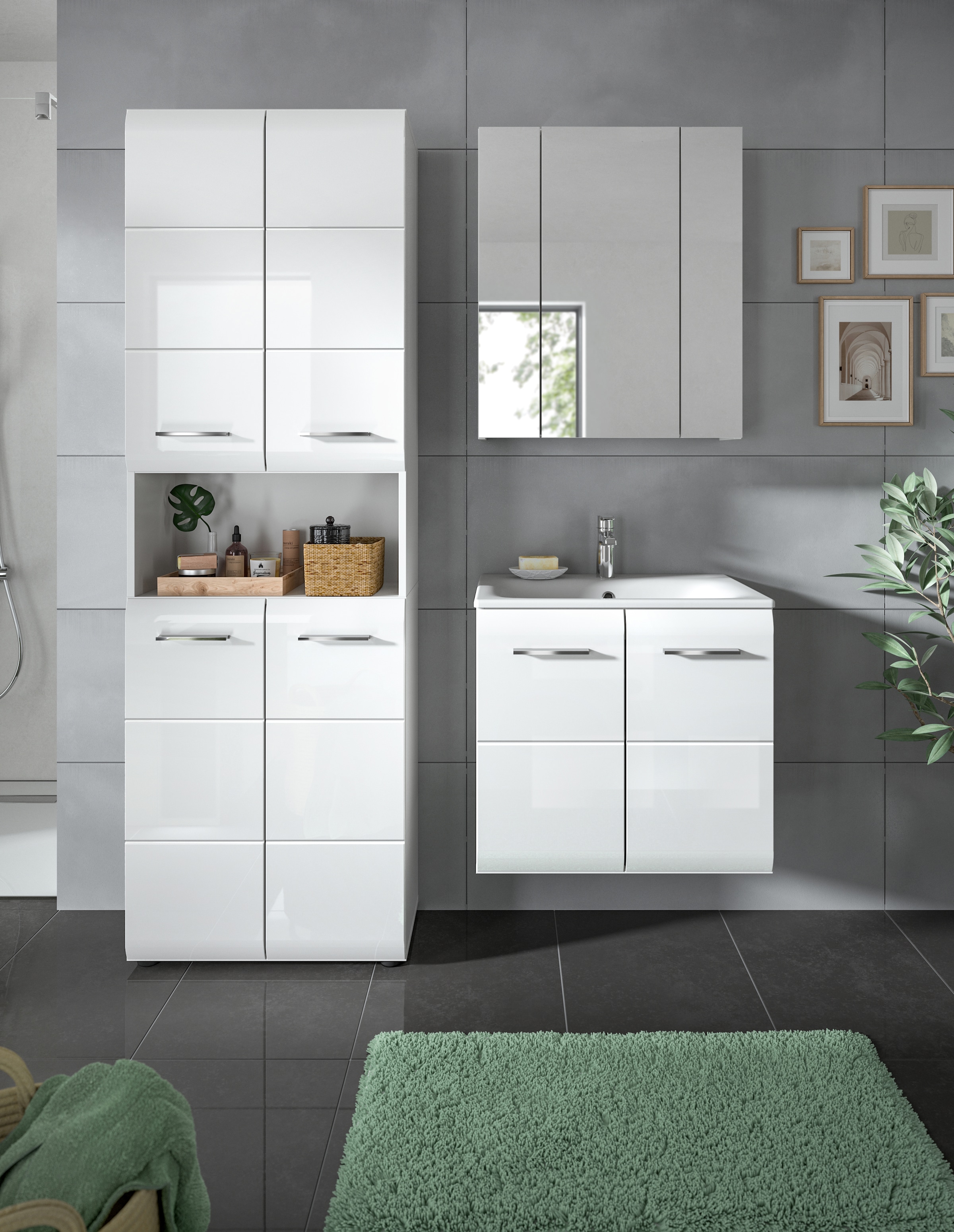 INOSIGN Badezimmer-Set, (Set, 4 St.), Florenz, Badkombination 4-tlg.,Weiß hochglanz, inkl. Waschbecken