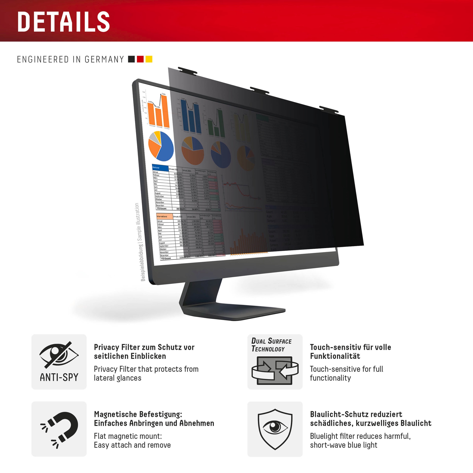 Displex Displayschutzfolie »Privacy Safe Blickschutzfilter«, für Universell für Monitore mit 21,5 (16:9), Blickschutzfolie, Schutzfolie, Bildschirmschutz, kratz- & stoßfest