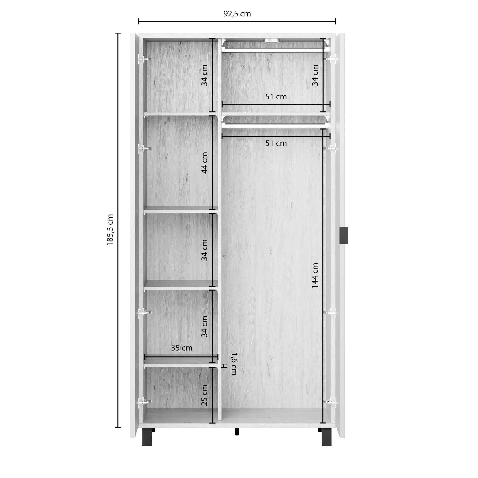 VOX Kleiderschrank »SIMPLE Garderobe, Wäscheschrank mit 5 Einlegeböden und 2 Kleiderstange«, mit 2 Drehtüren und schwarzen Griffen, Maße B/T/H: 92,5/57/189,5 cm
