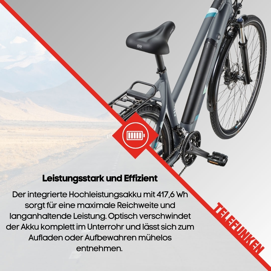 Telefunken E-Bike »Expedition XC940«, 24 Gang, Shimano, Acera, Heckmotor 250 W, (ca. 100 km Reichweite-hydraulische Scheibenbremsen-Straßenzulassung), Trekking Elektrofahrrad, Damen, 28 Zoll, 36 V 417,6 Wh Akku, Pedelec