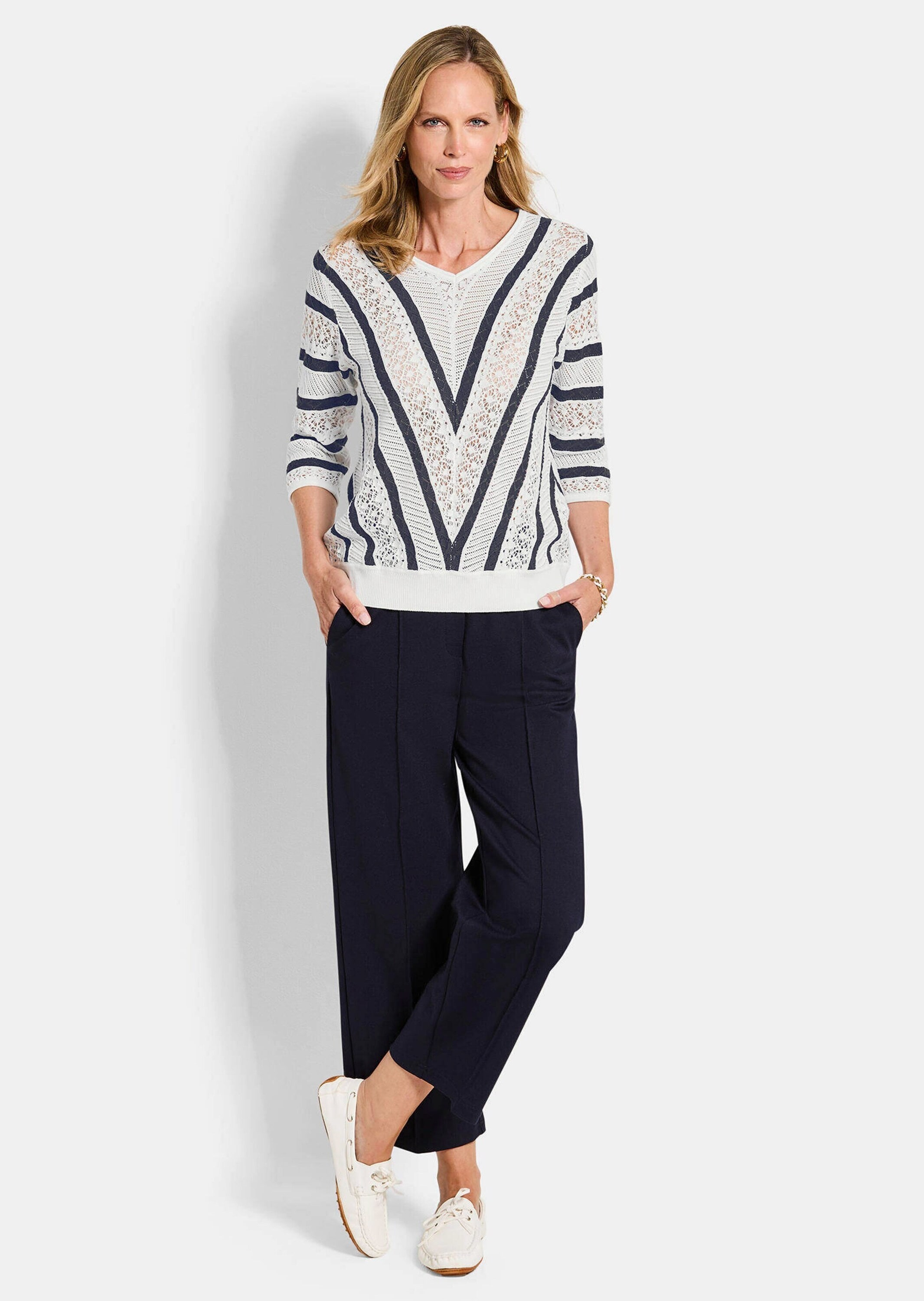 GOLDNER Rundhalspullover »Ajourpullover mit Streifenmuster« modischer Ajourstrick mit Sperrstreifen