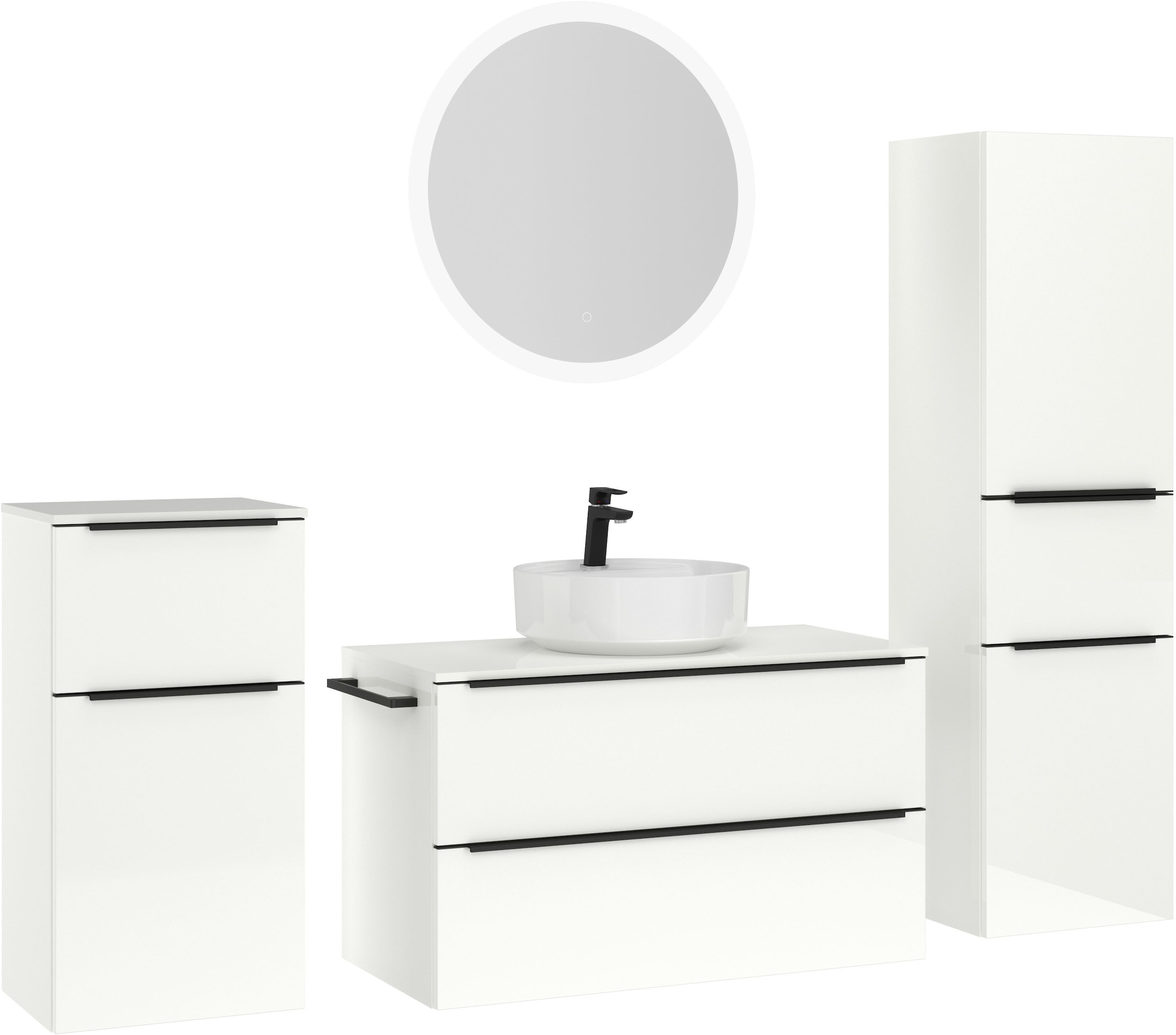 nobilia® Badmöbel-Set »Alvene«, (4 St., vormontiert, mit Soft-Close), Hochglanz, inkl. Spiegel mit Touch-Sensor, in vier Breiten